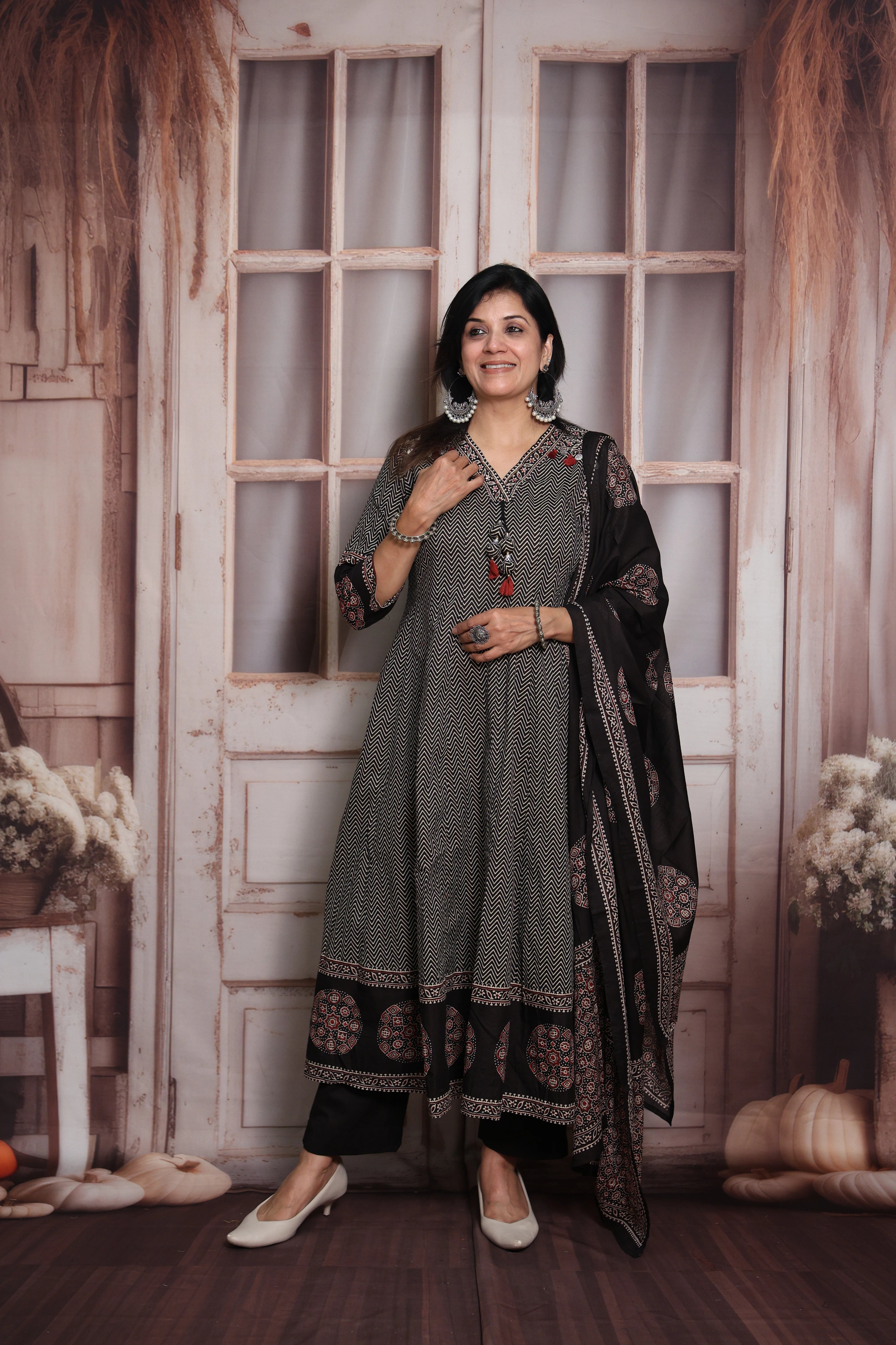 Black Zigzag Print Anarkali Dupatta Set | Soft Cotton | Pearl Embroidery & Block Print
