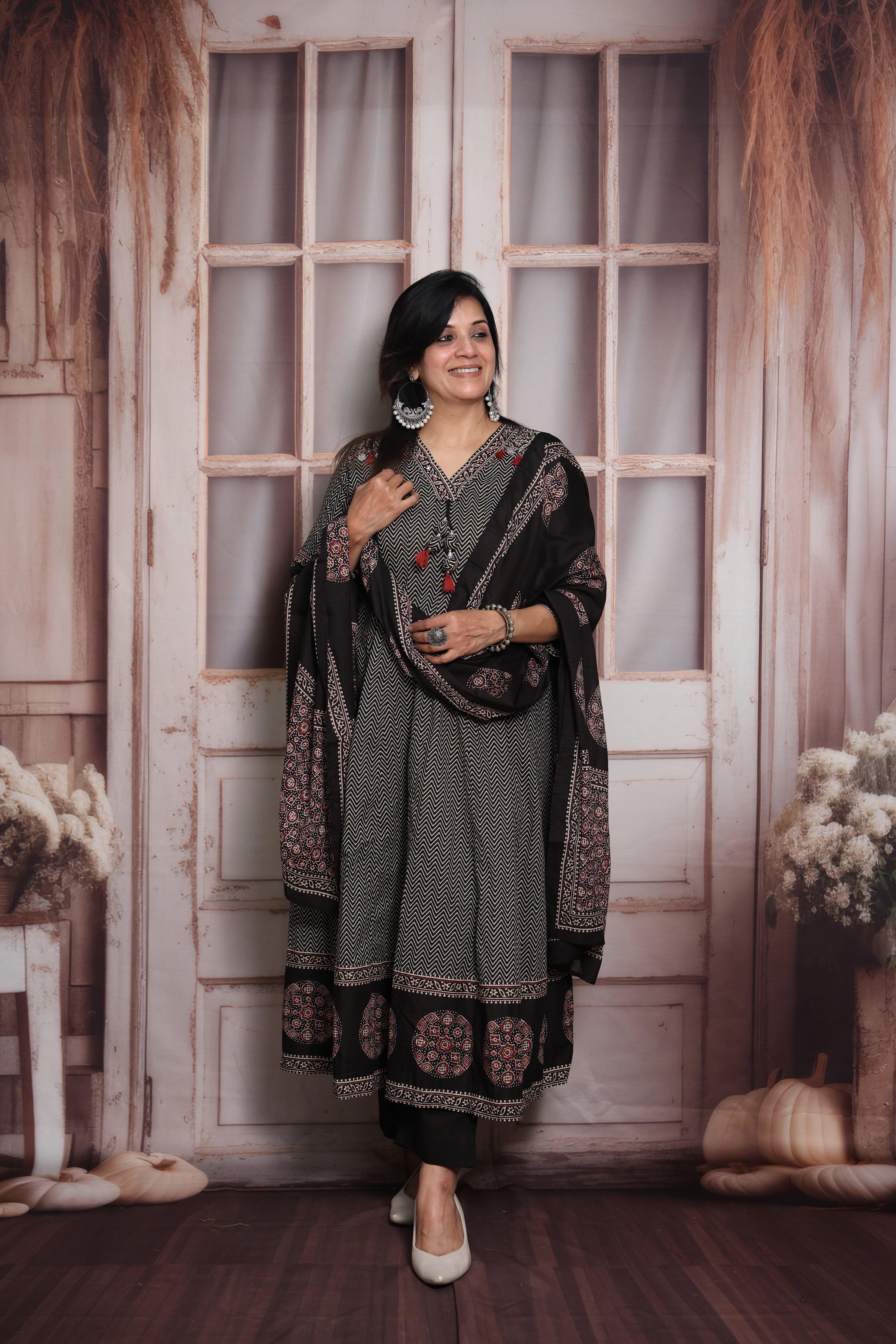 Black Zigzag Print Anarkali Dupatta Set | Soft Cotton | Pearl Embroidery & Block Print