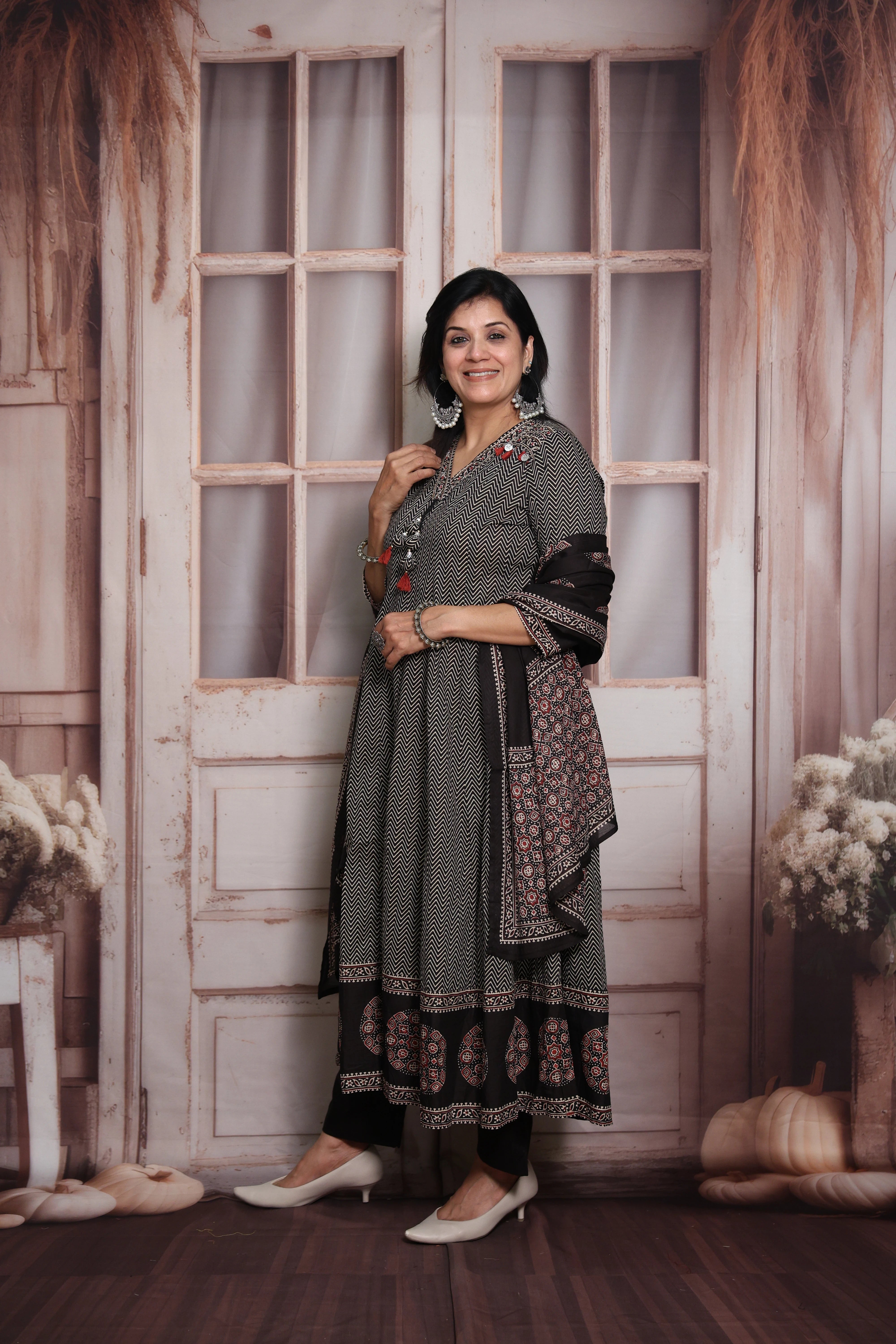 Black Zigzag Print Anarkali Dupatta Set | Soft Cotton | Pearl Embroidery & Block Print