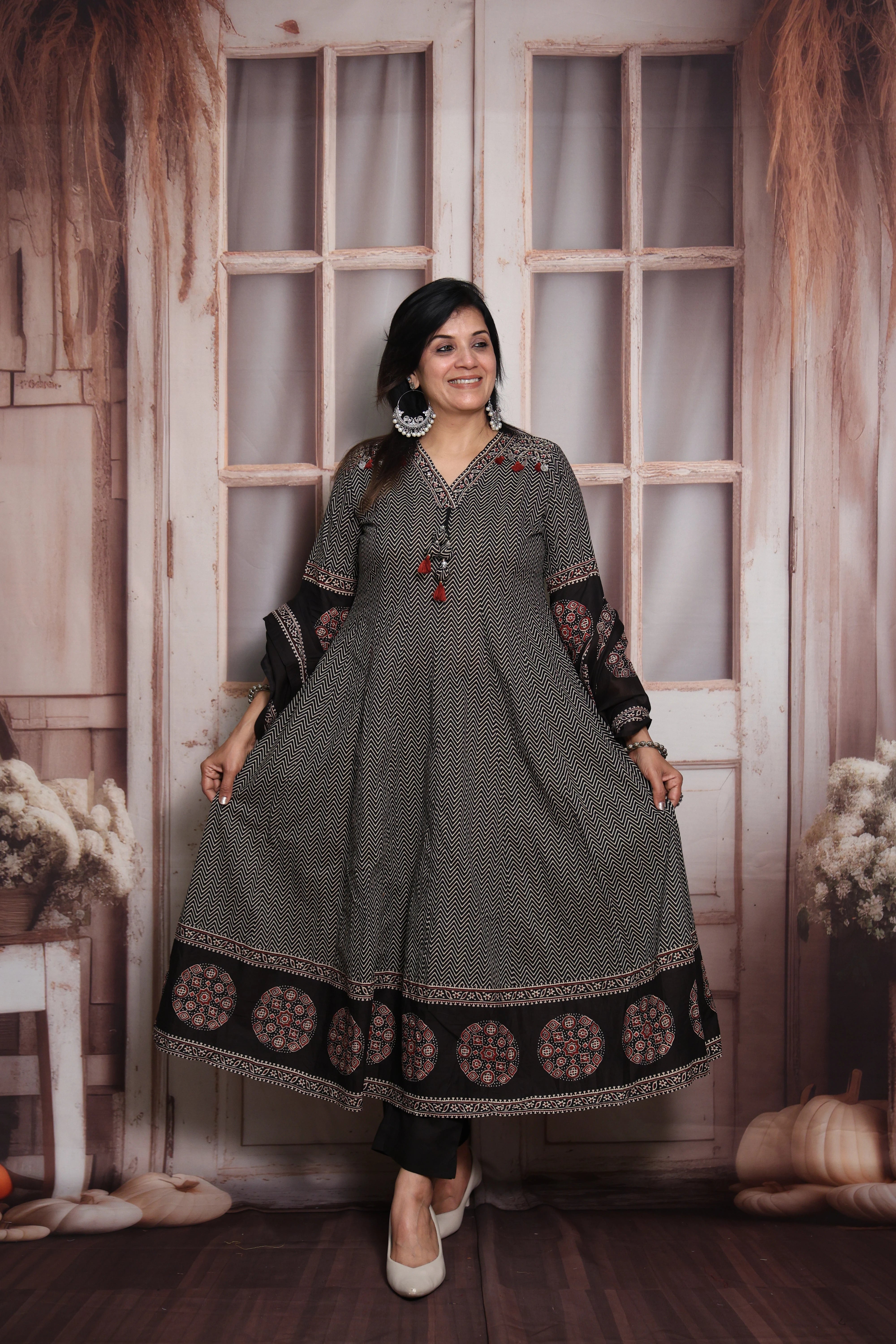 Black Zigzag Print Anarkali Dupatta Set | Soft Cotton | Pearl Embroidery & Block Print