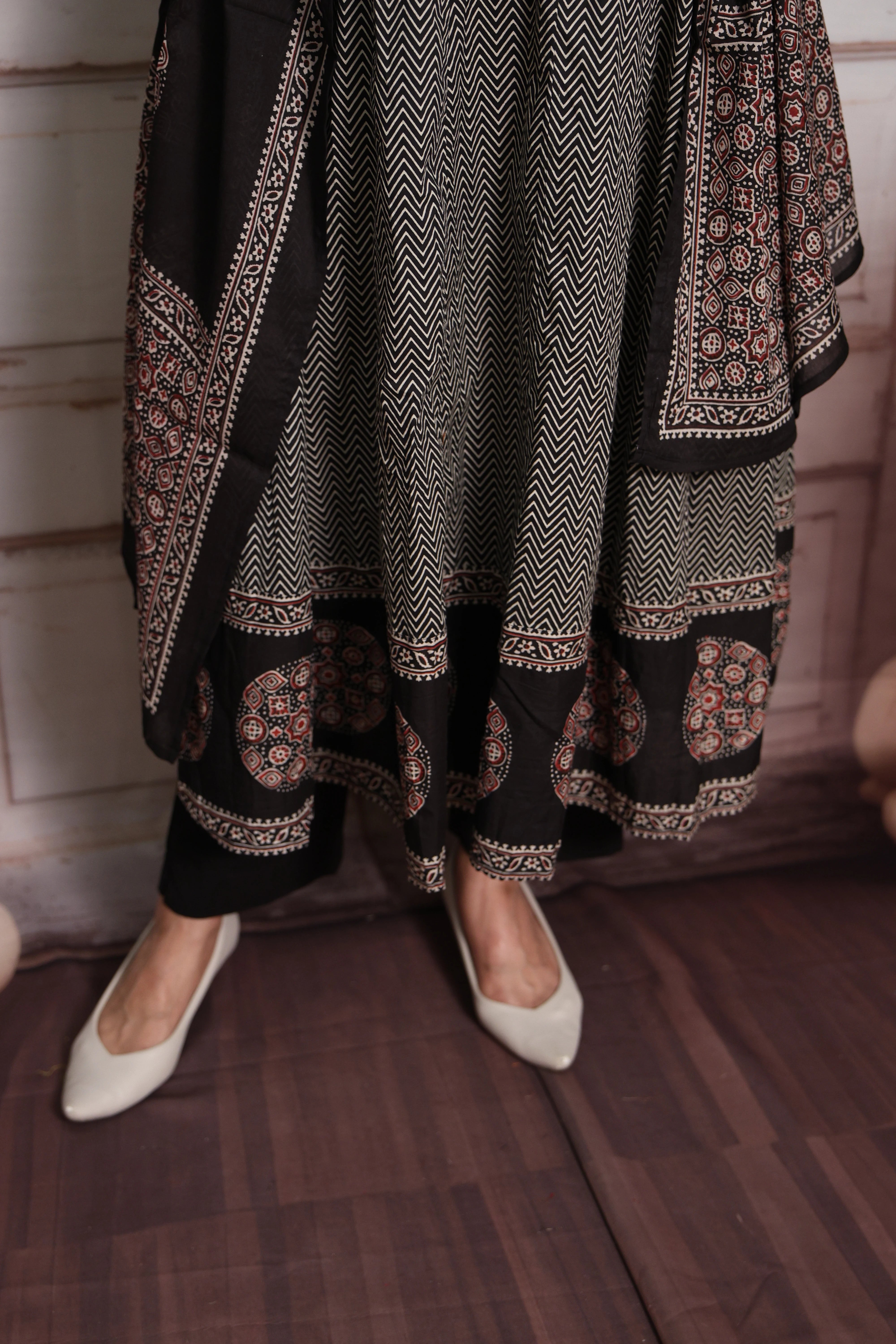 Black Zigzag Print Anarkali Dupatta Set | Soft Cotton | Pearl Embroidery & Block Print