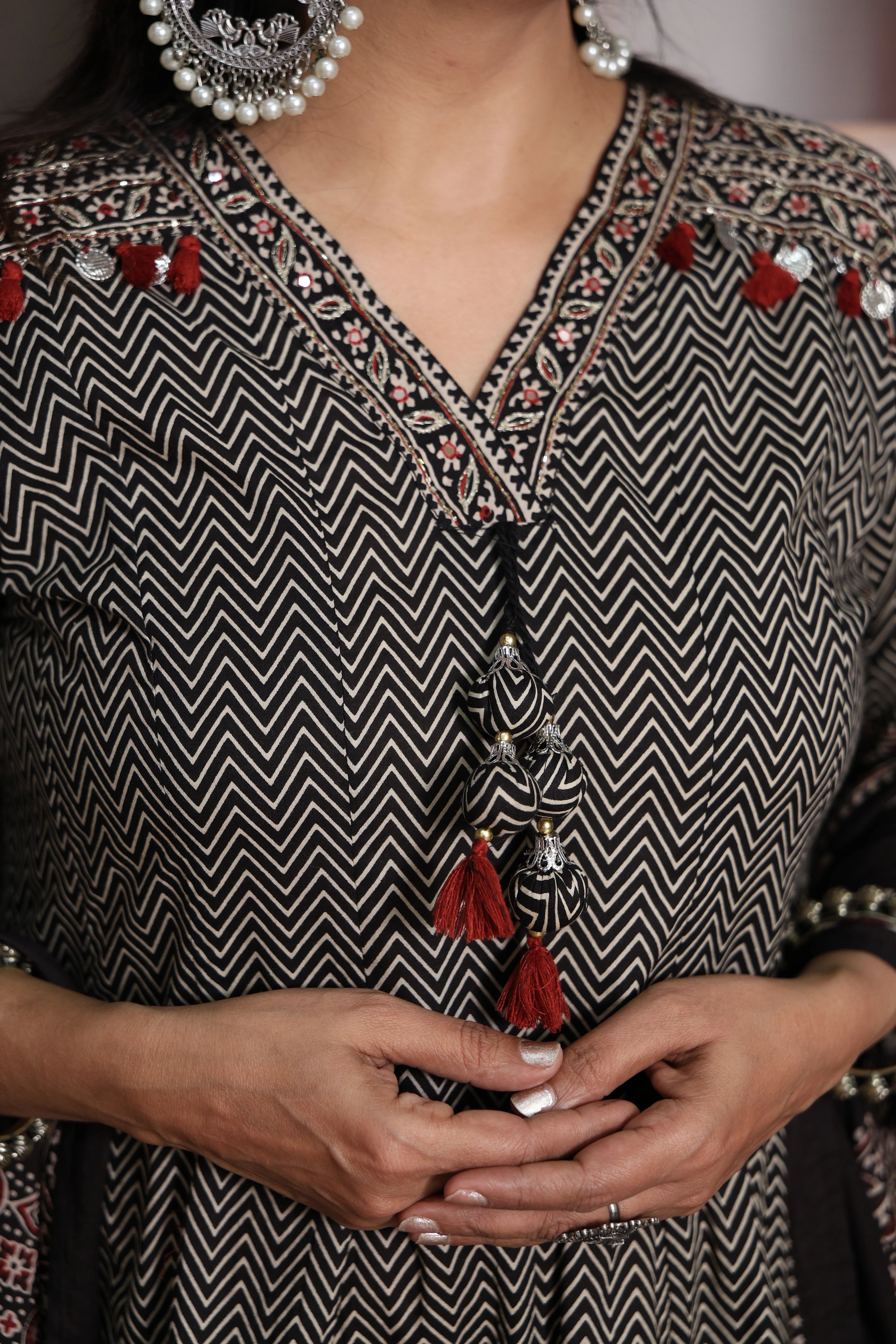 Black Zigzag Print Anarkali Dupatta Set | Soft Cotton | Pearl Embroidery & Block Print