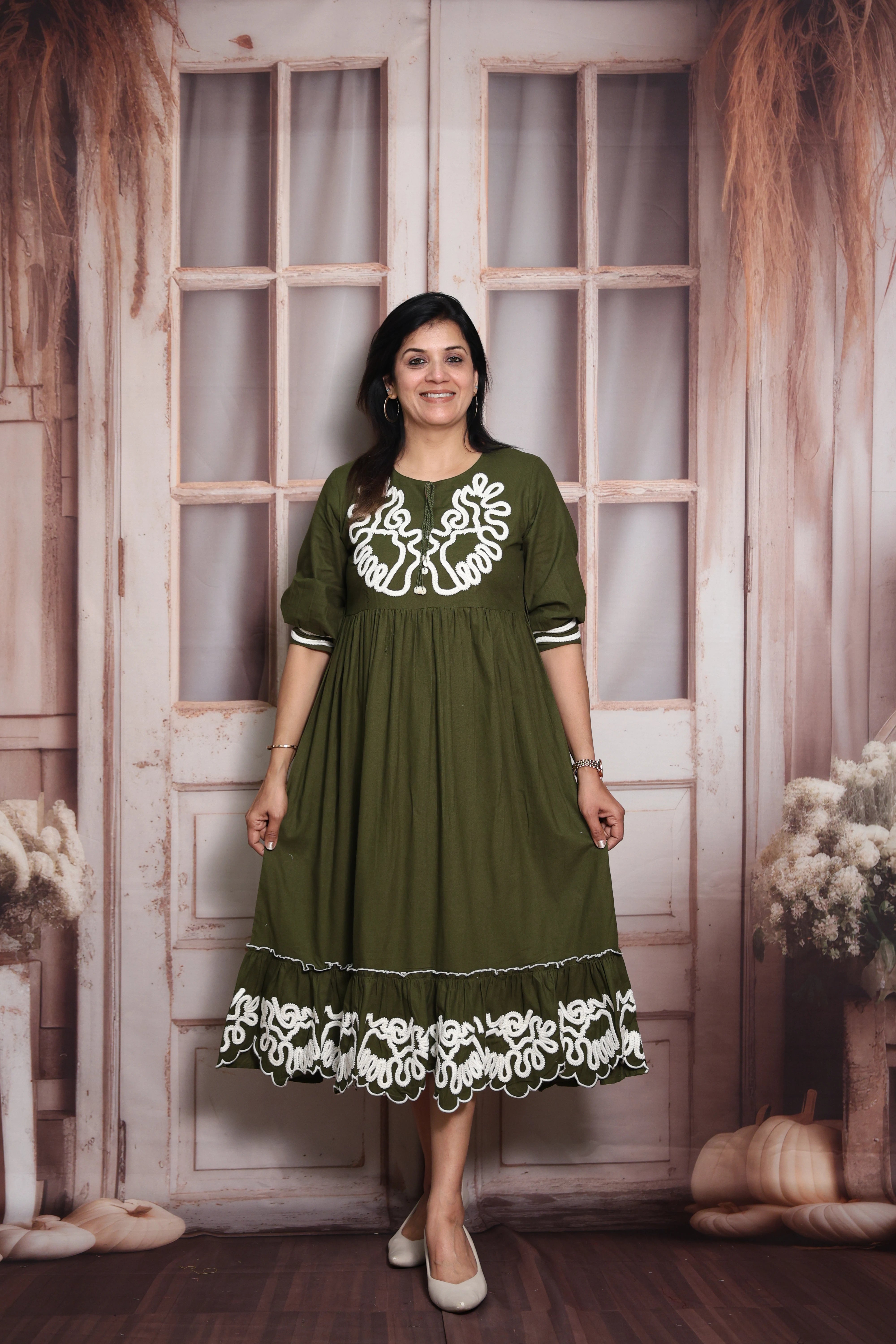Mehndi Green Long Tunic Dress | Cotton | Thread Embroidery