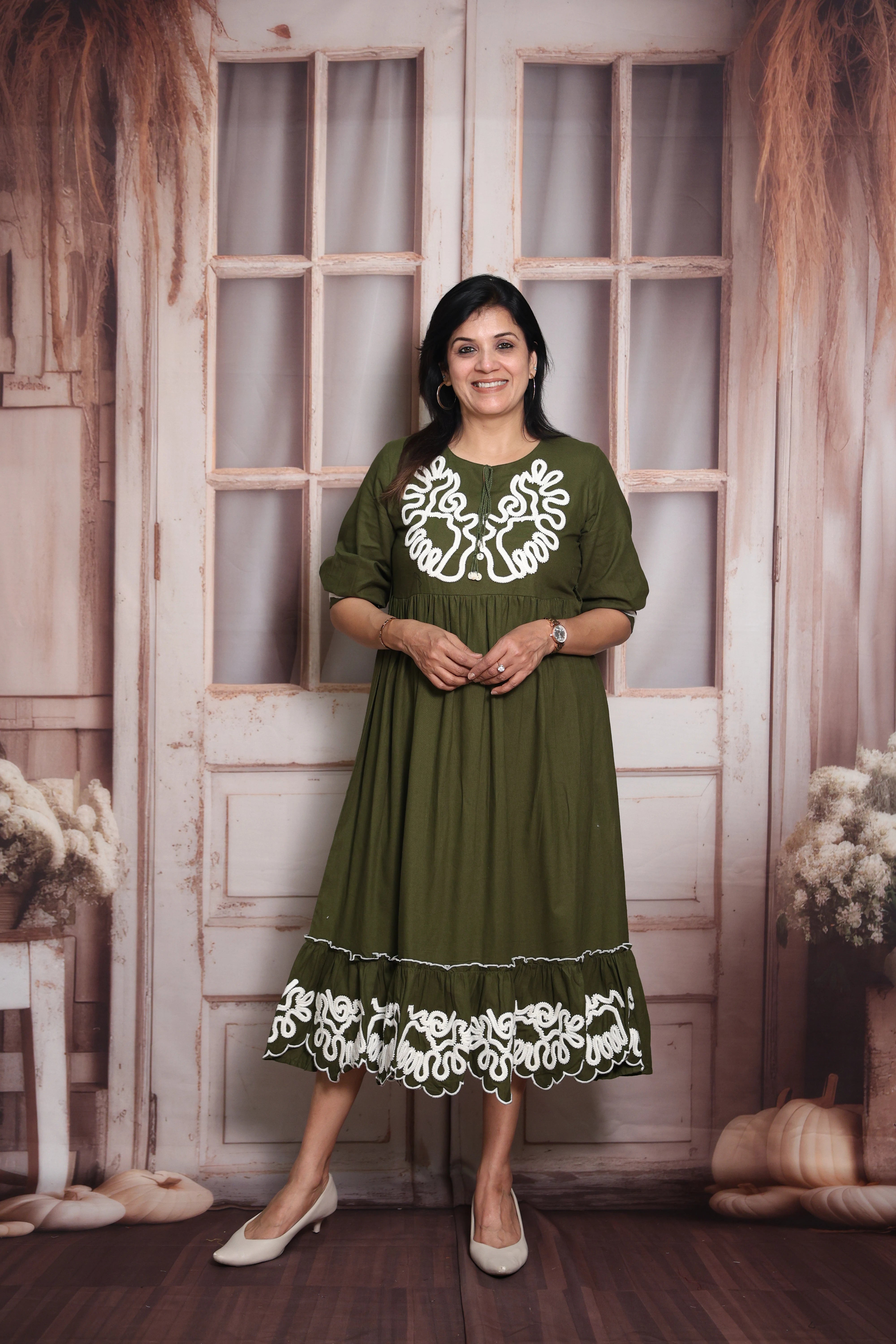 Mehndi Green Long Tunic Dress | Cotton | Thread Embroidery