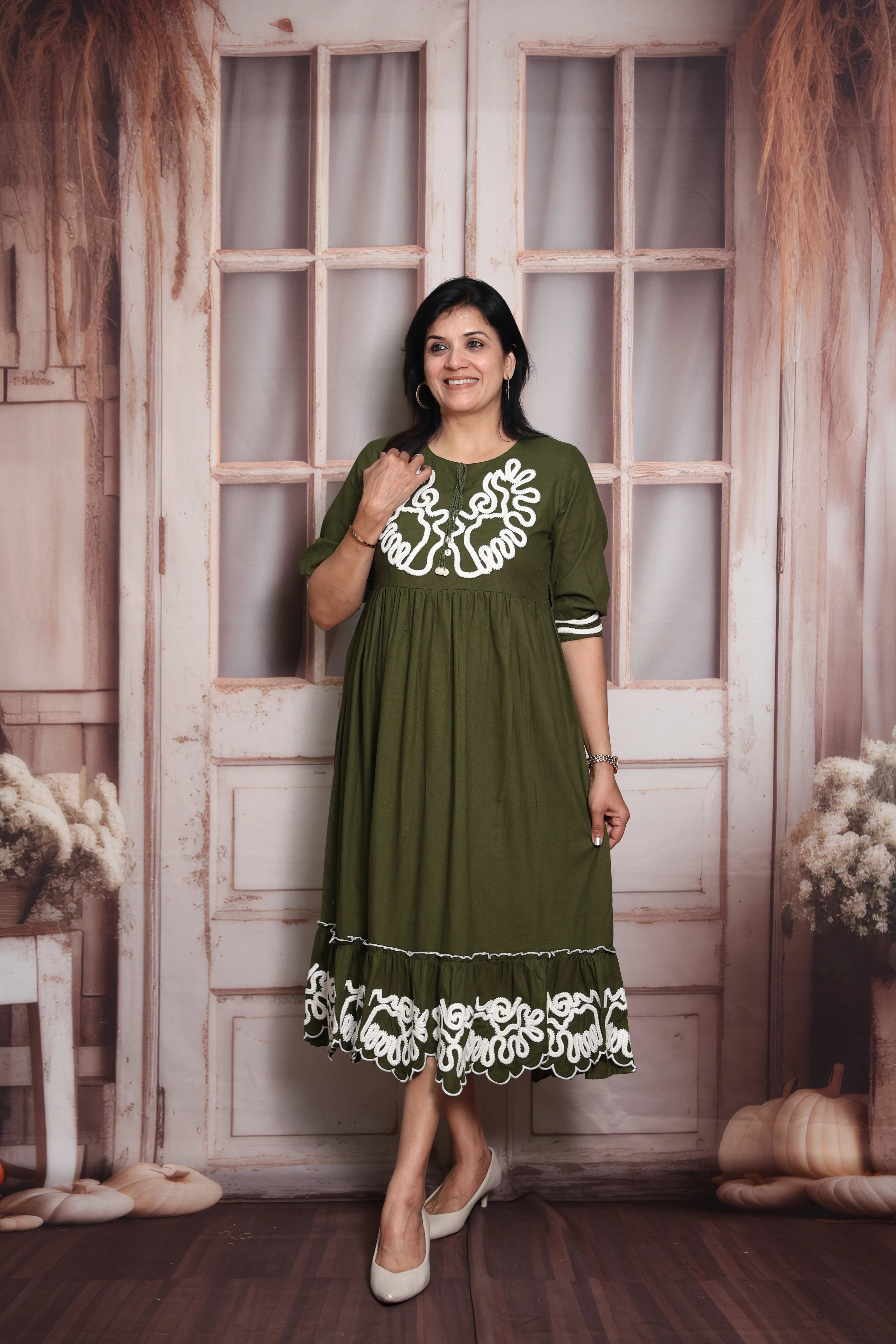 Mehndi Green Long Tunic Dress | Cotton | Thread Embroidery