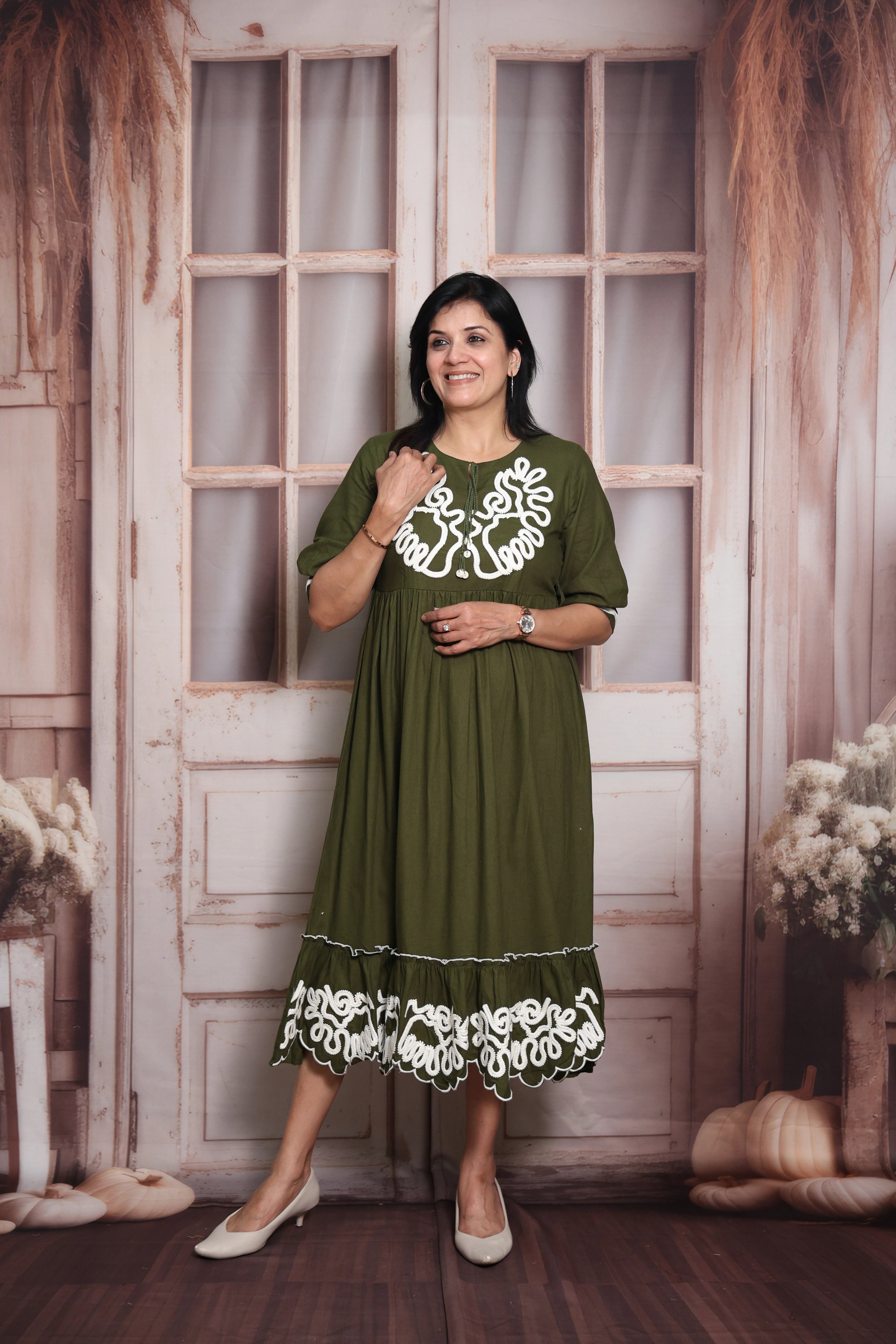 Mehndi Green Long Tunic Dress | Cotton | Thread Embroidery