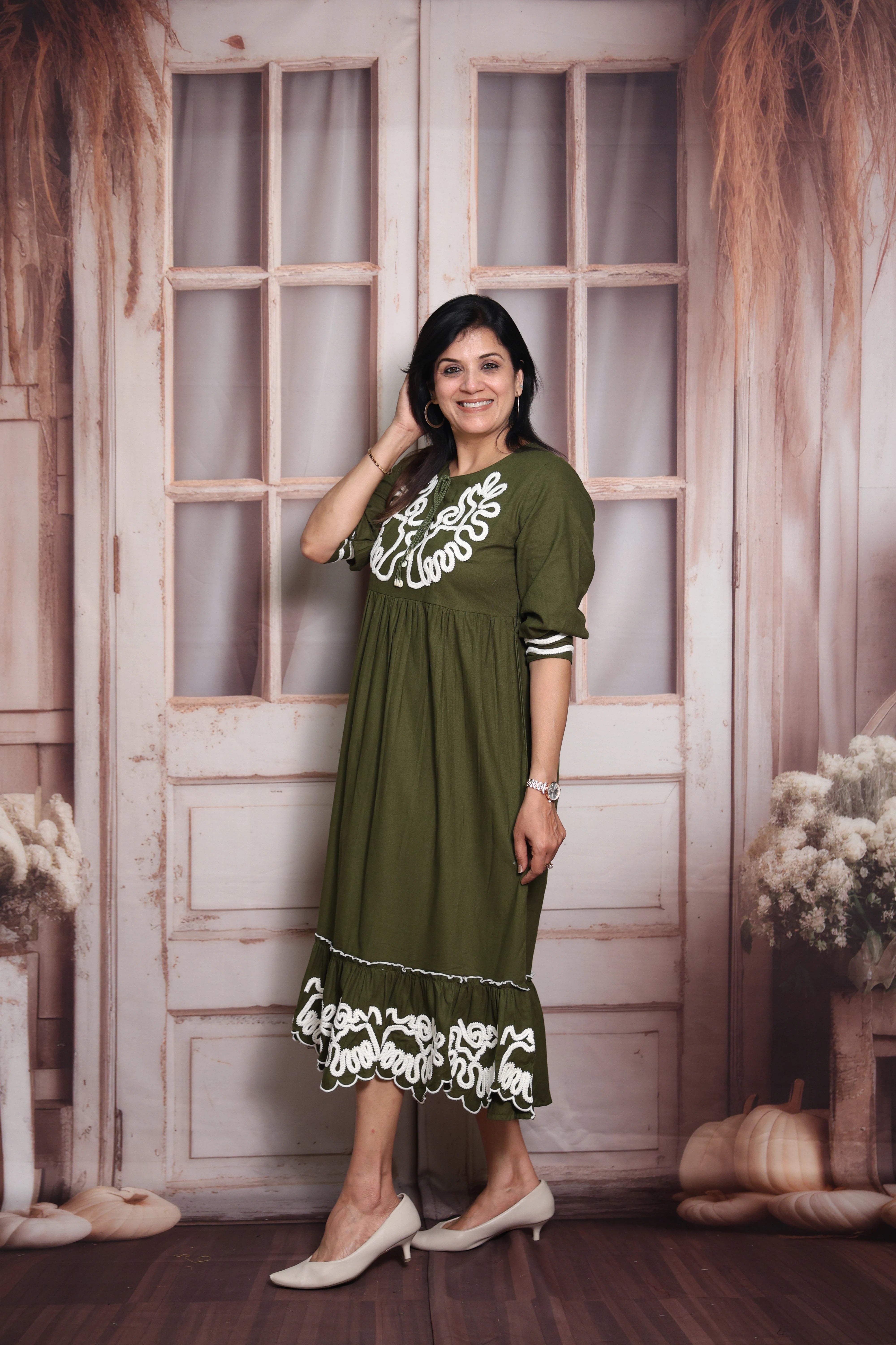 Mehndi Green Long Tunic Dress | Cotton | Thread Embroidery
