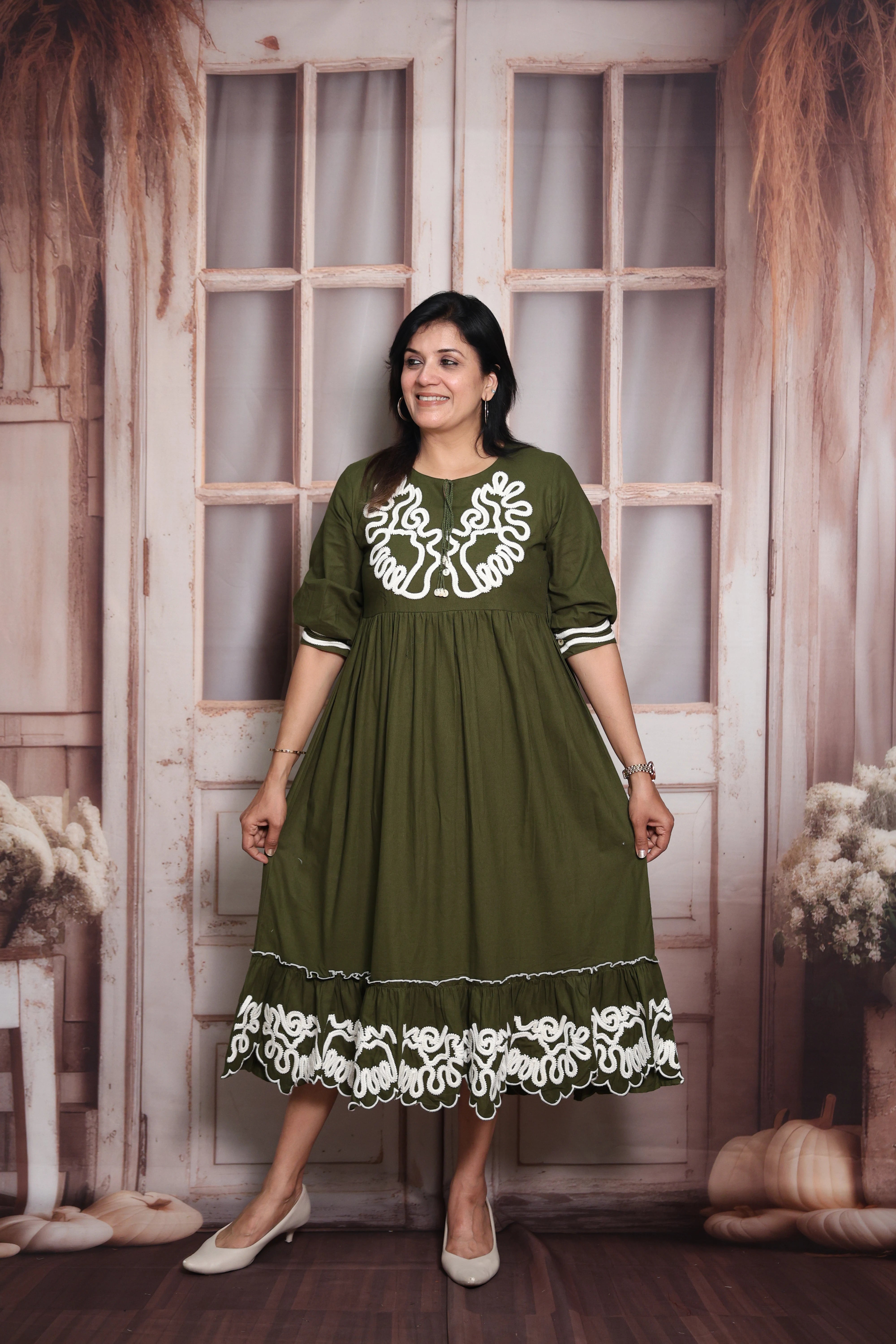 Mehndi Green Long Tunic Dress | Cotton | Thread Embroidery
