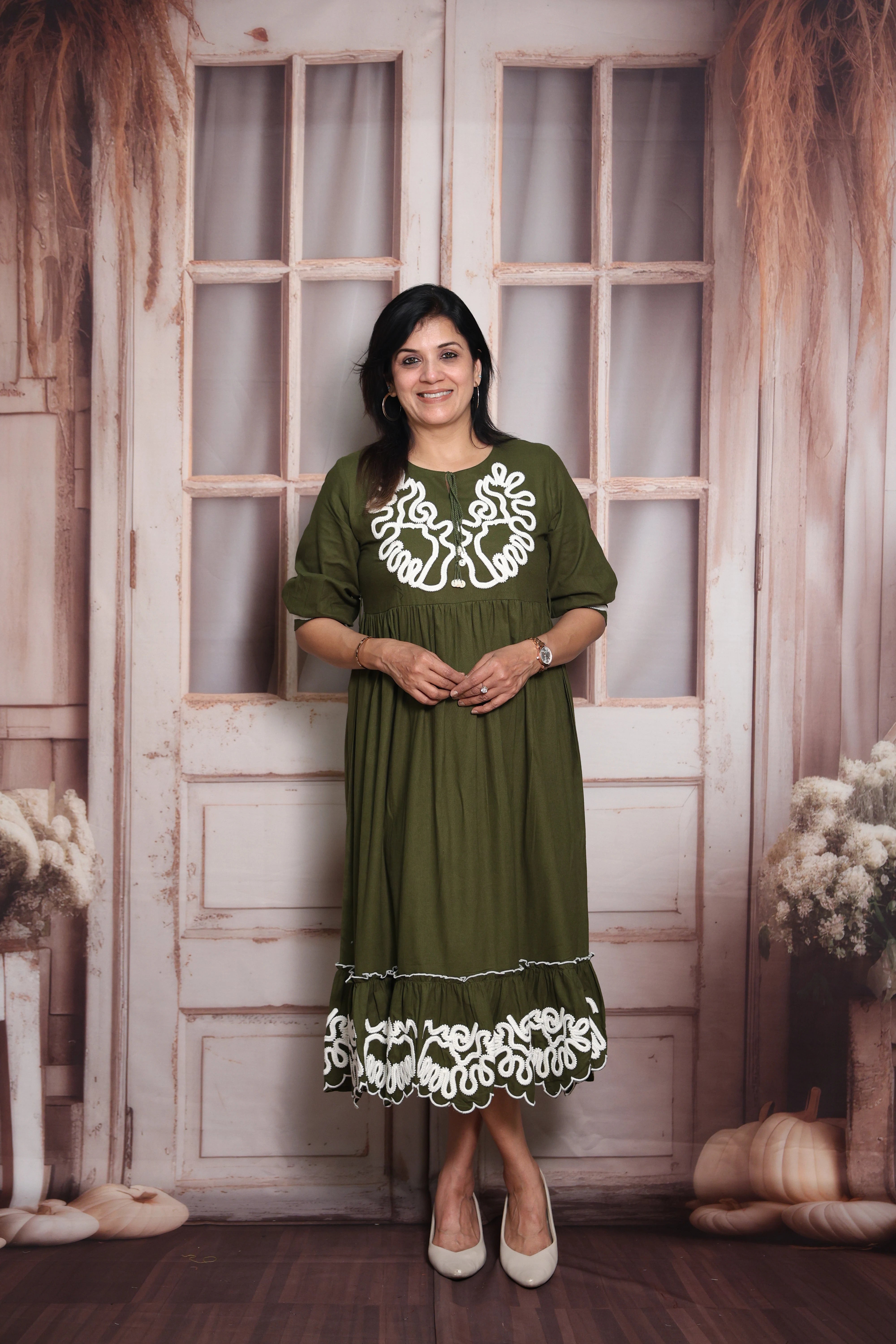 Mehndi Green Long Tunic Dress | Cotton | Thread Embroidery