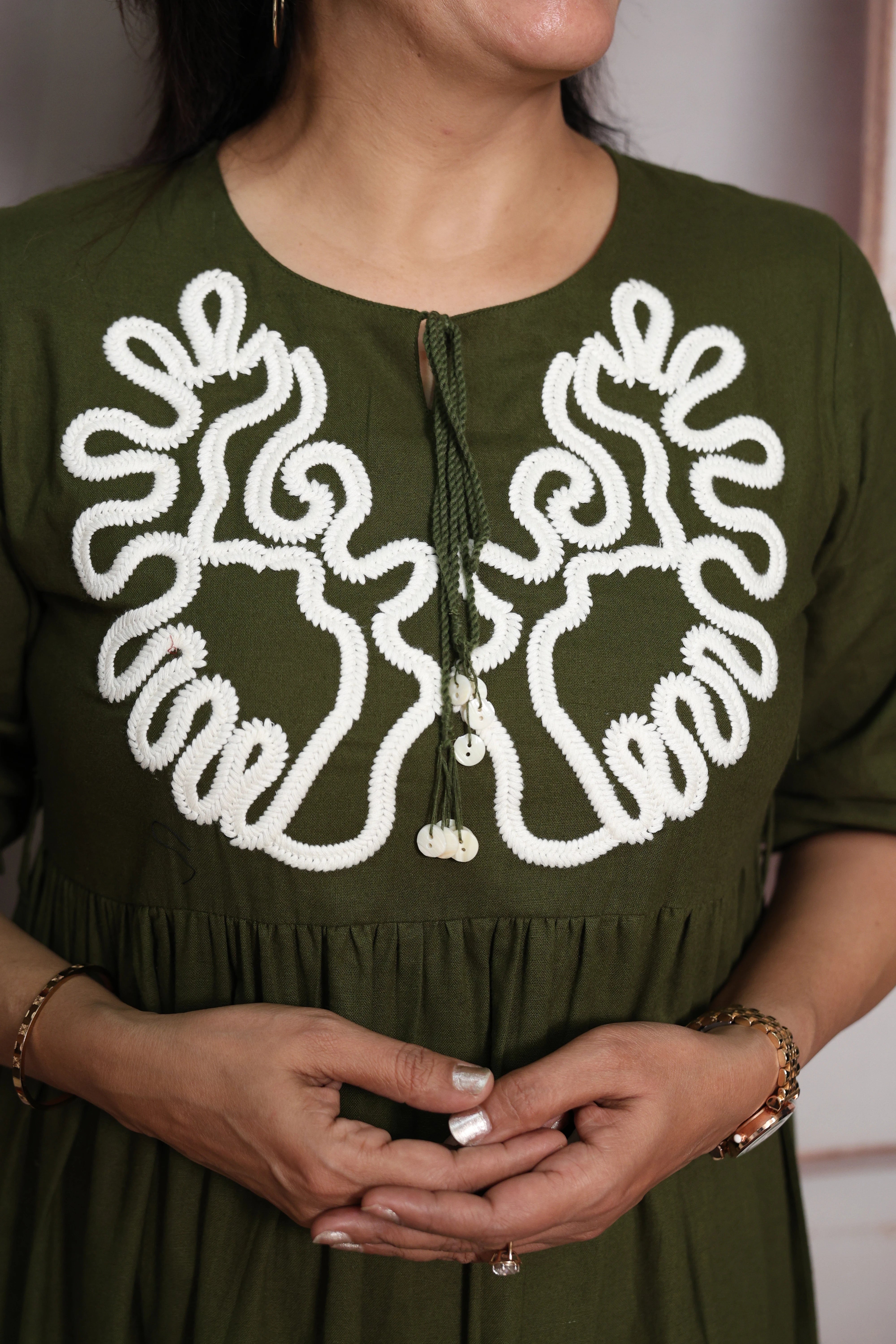 Mehndi Green Long Tunic Dress | Cotton | Thread Embroidery