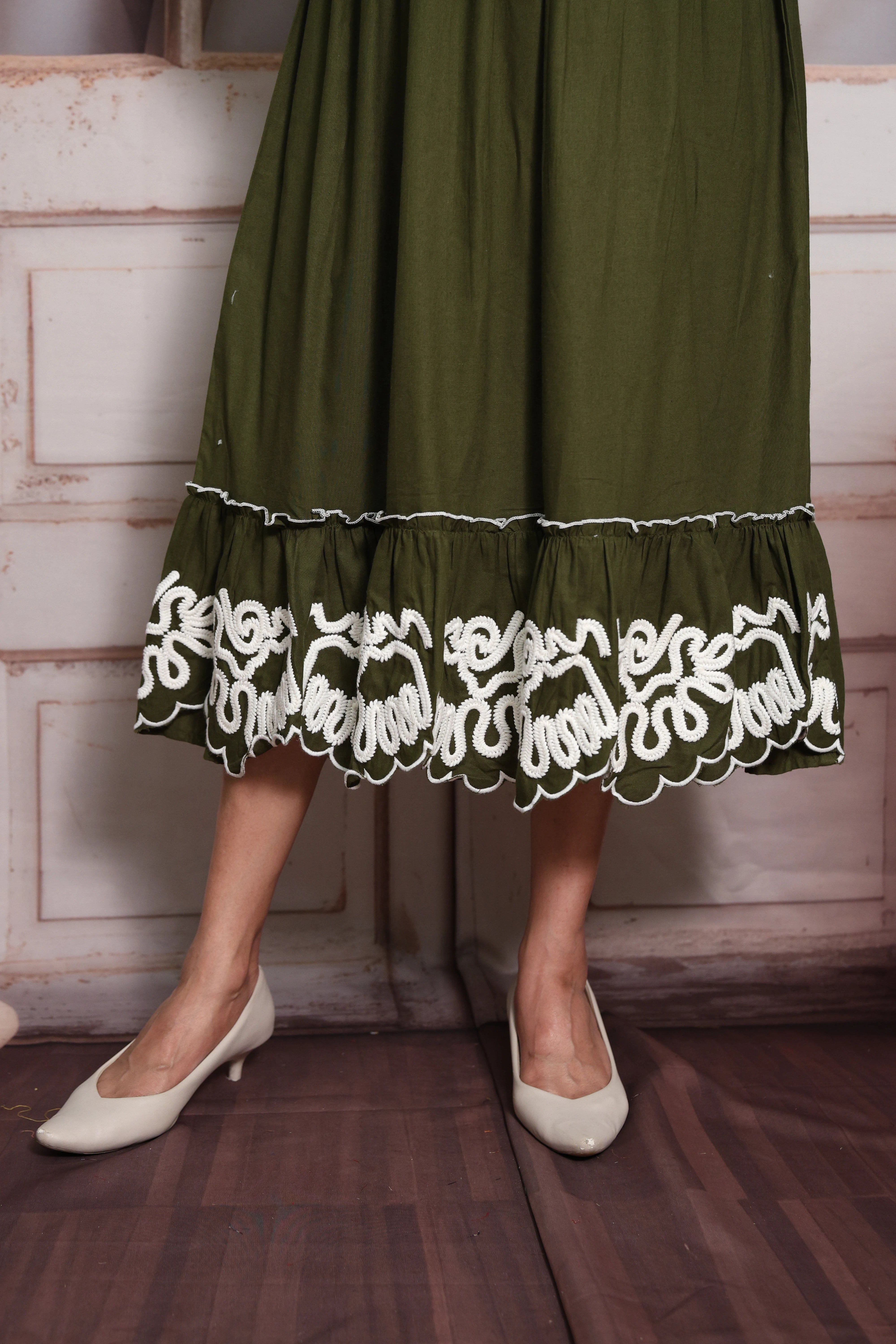 Mehndi Green Long Tunic Dress | Cotton | Thread Embroidery