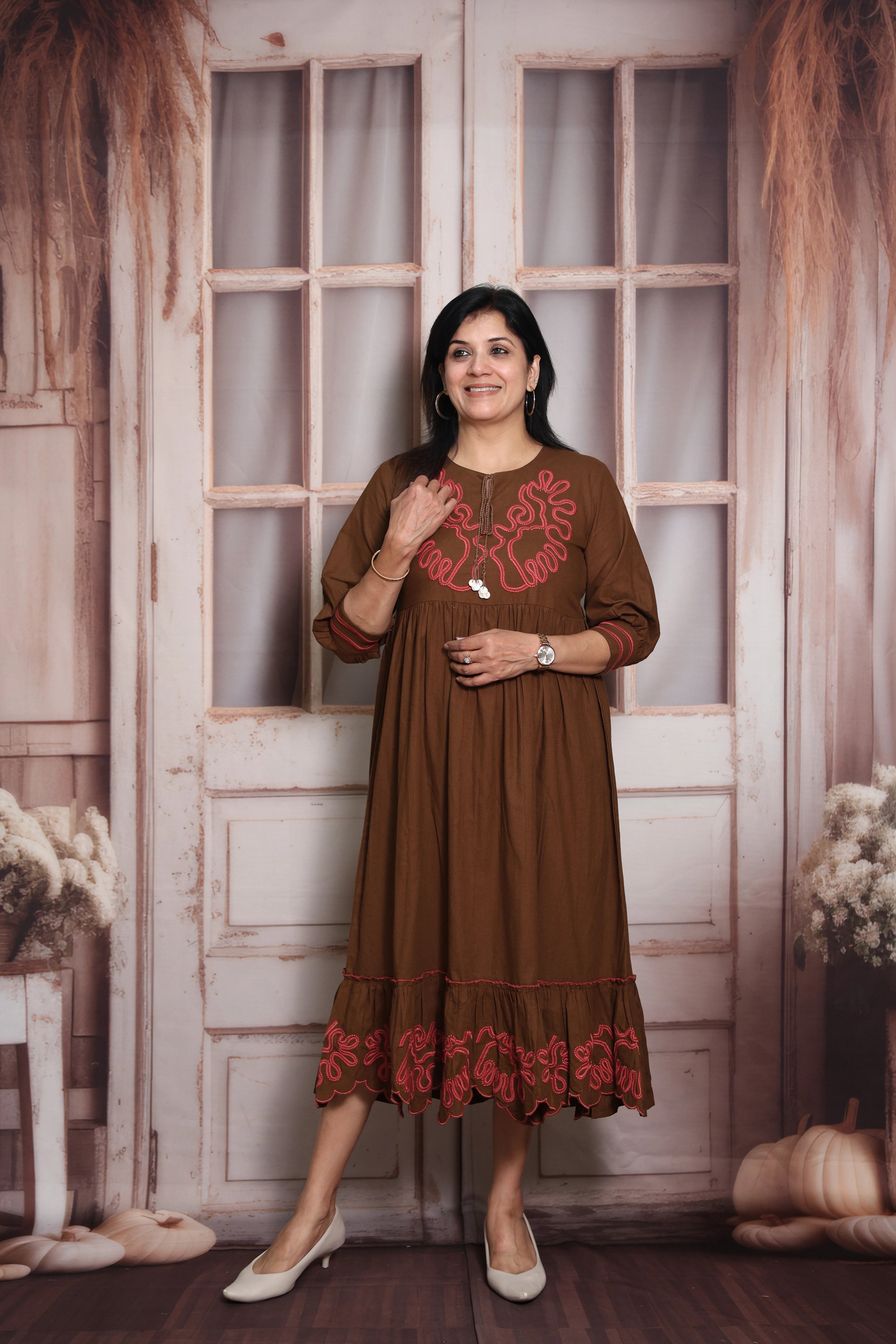 Brown Long Tunic Dress | Cotton | Thread Embroidery