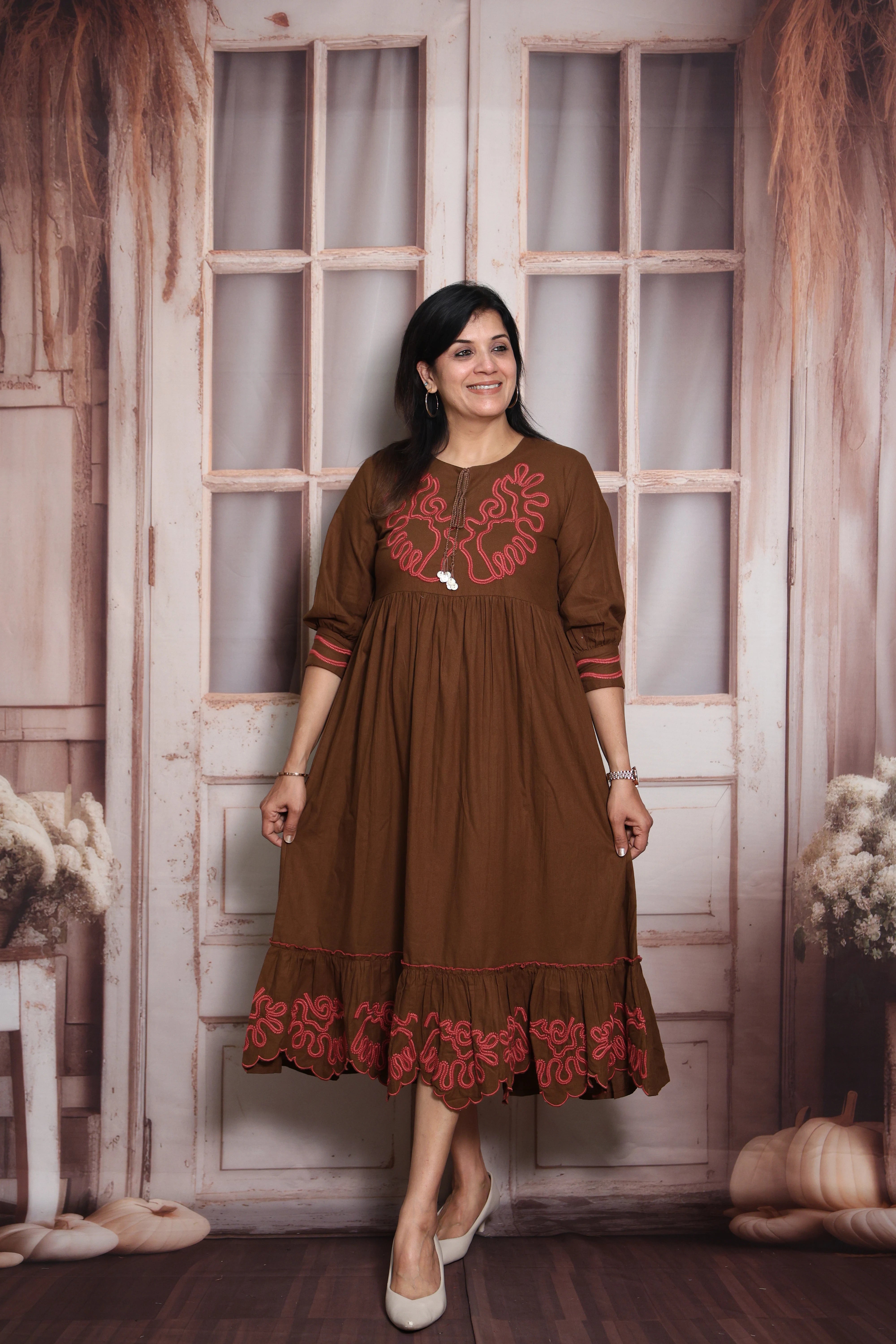 Brown Long Tunic Dress | Cotton | Thread Embroidery