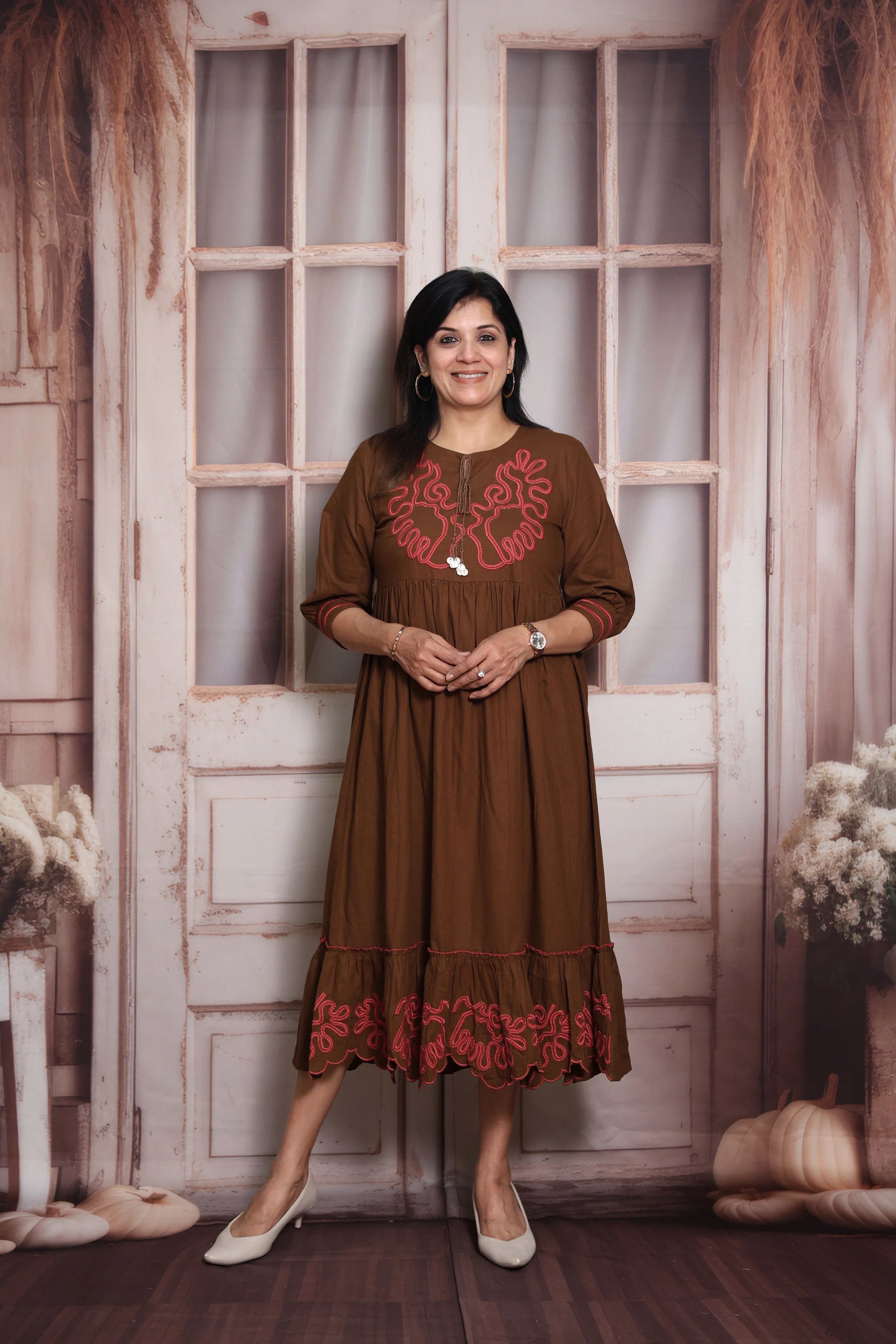 Brown Long Tunic Dress | Cotton | Thread Embroidery