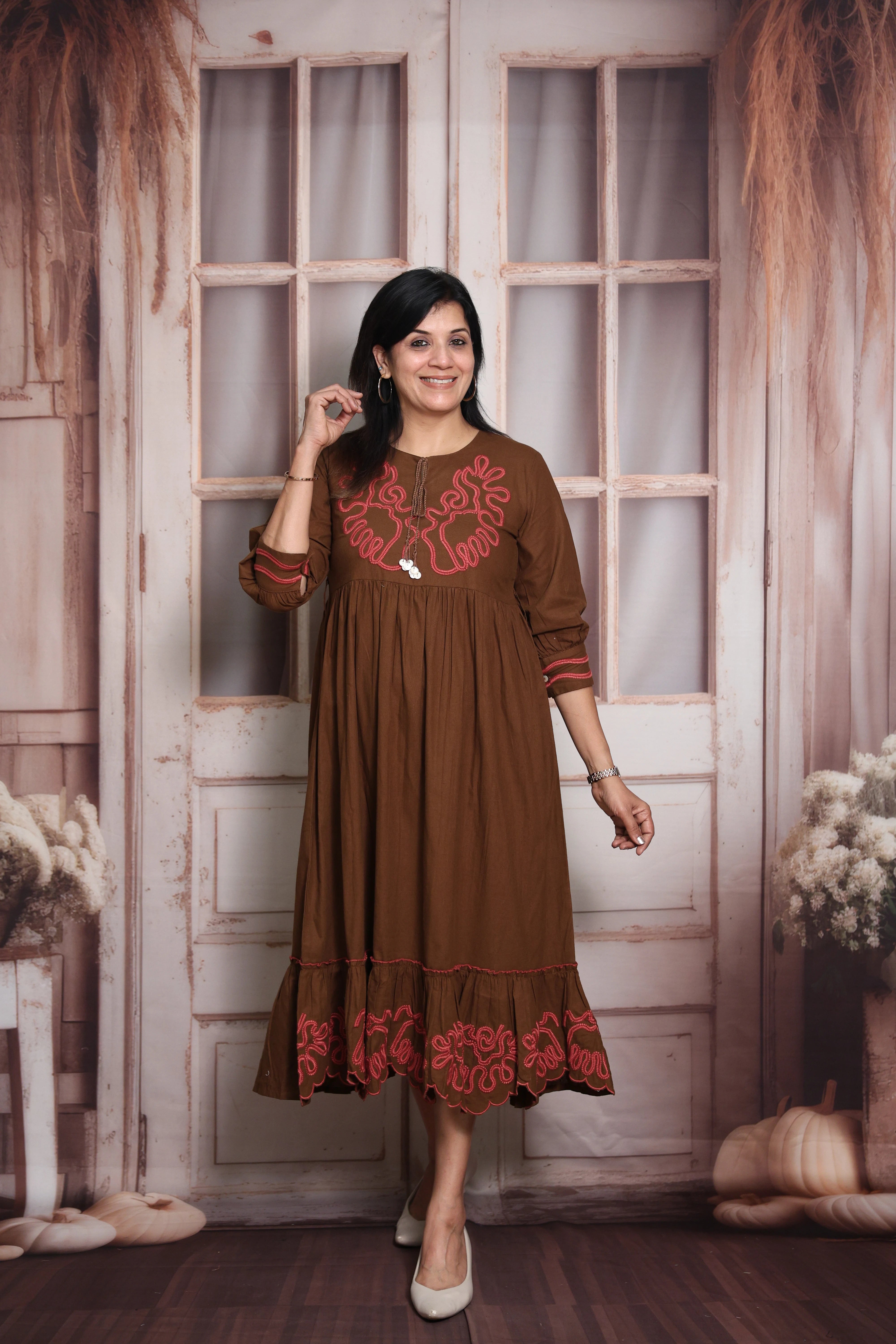 Brown Long Tunic Dress | Cotton | Thread Embroidery