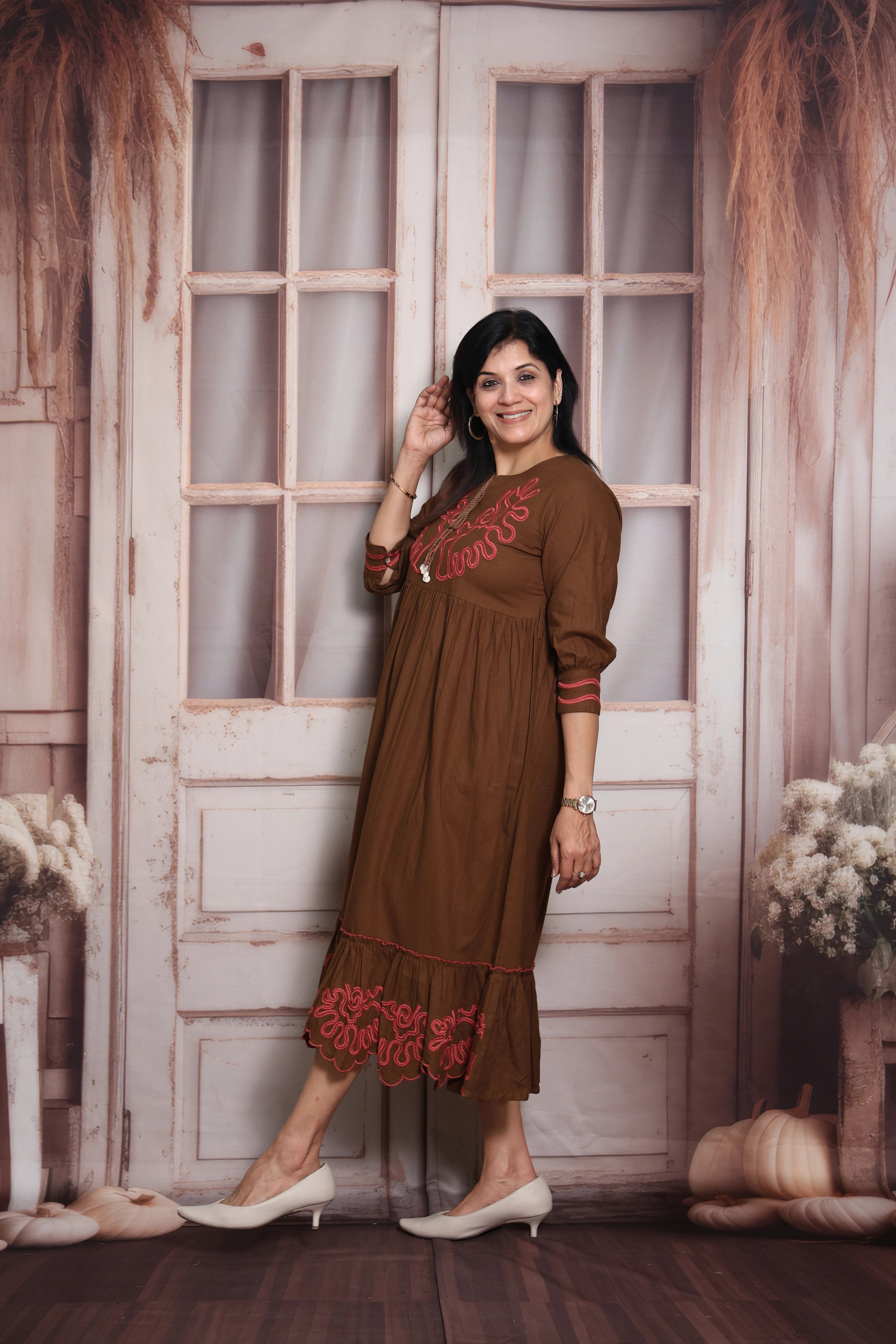 Brown Long Tunic Dress | Cotton | Thread Embroidery