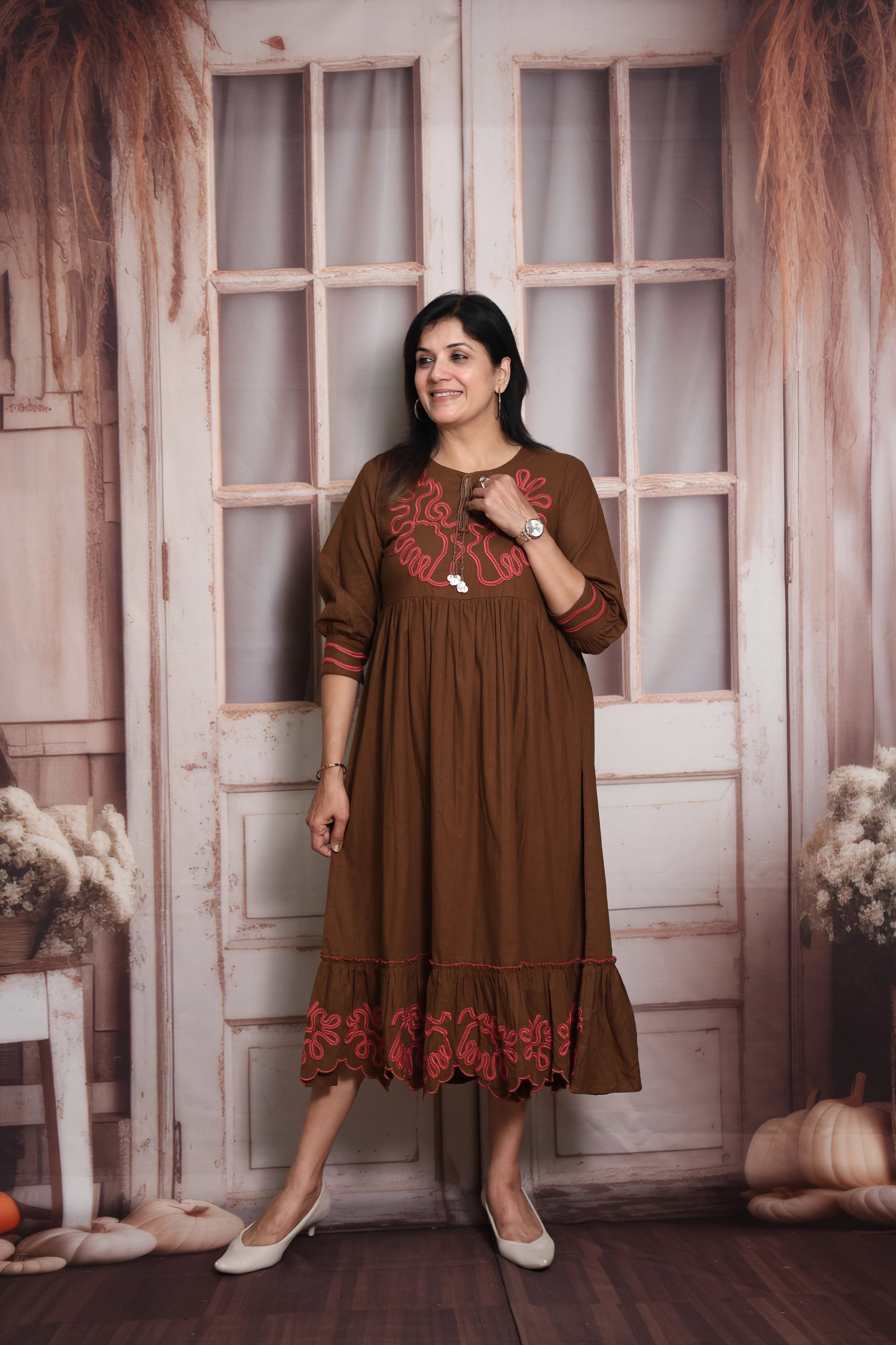 Brown Long Tunic Dress | Cotton | Thread Embroidery