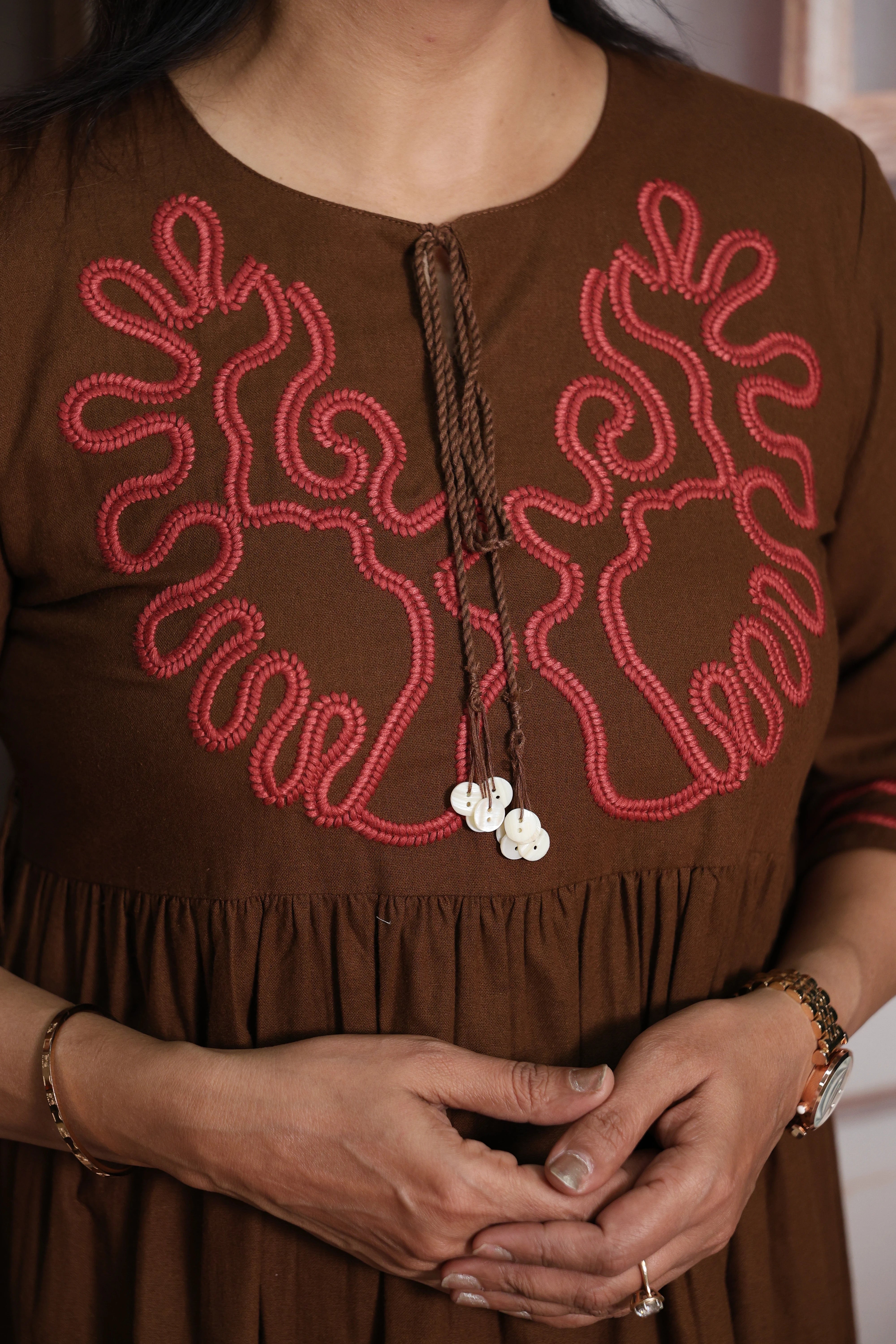 Brown Long Tunic Dress | Cotton | Thread Embroidery