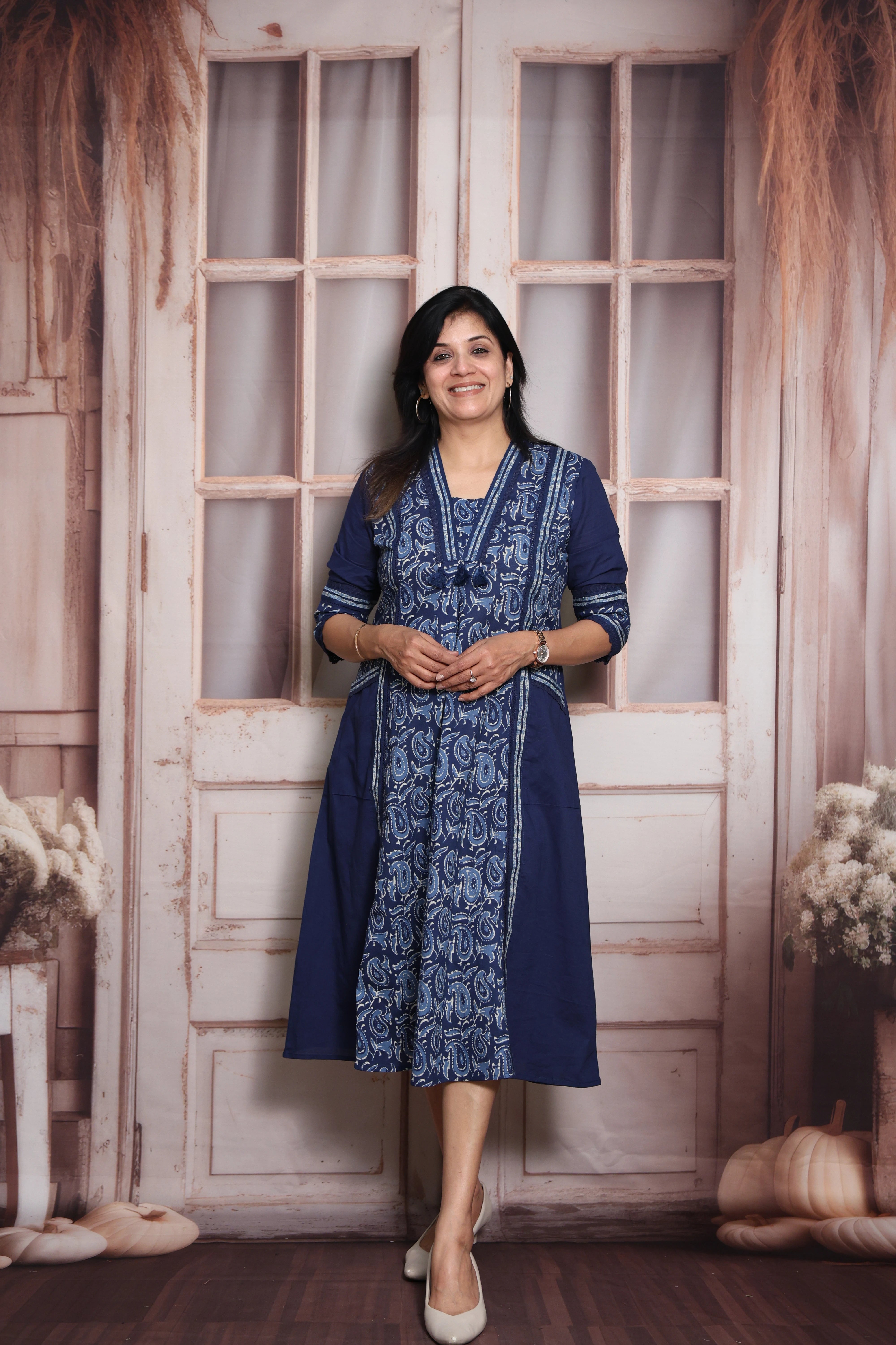 Blue Kalamkari Print A-Line Kurti Pant Set (Two-in-One) | Soft Cotton