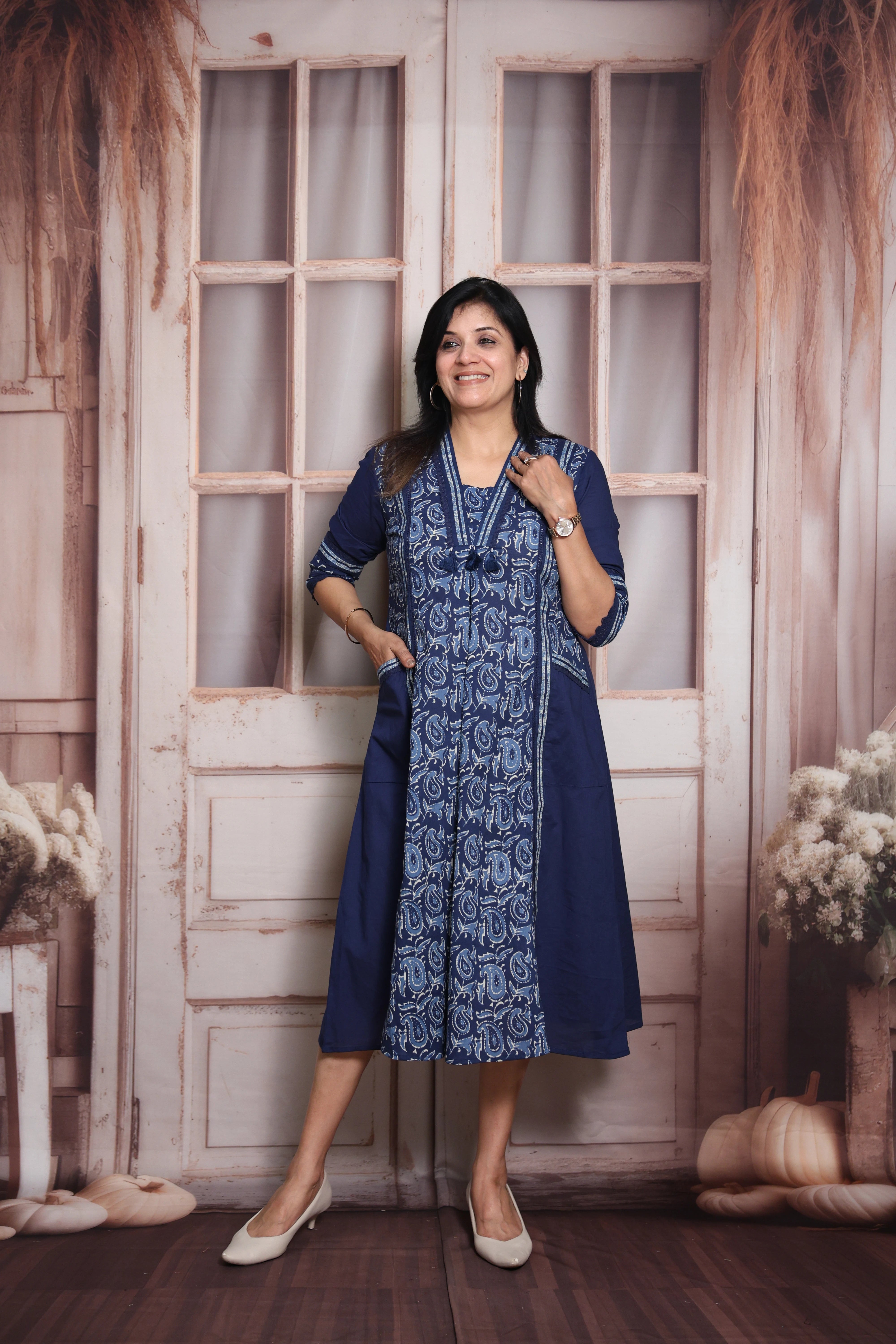 Blue Kalamkari Print A-Line Kurti Pant Set (Two-in-One) | Soft Cotton