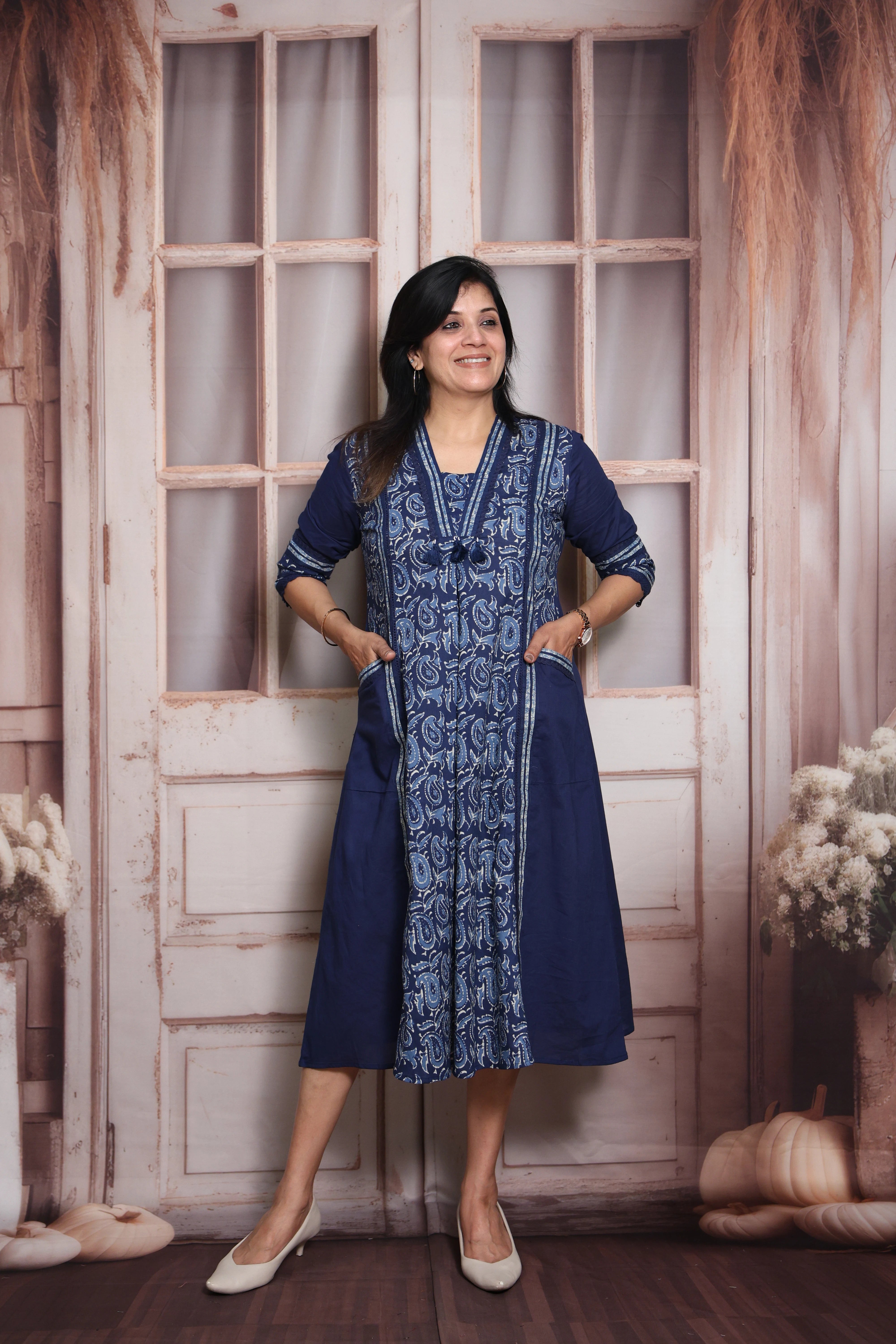 Blue Kalamkari Print A-Line Kurti Pant Set (Two-in-One) | Soft Cotton