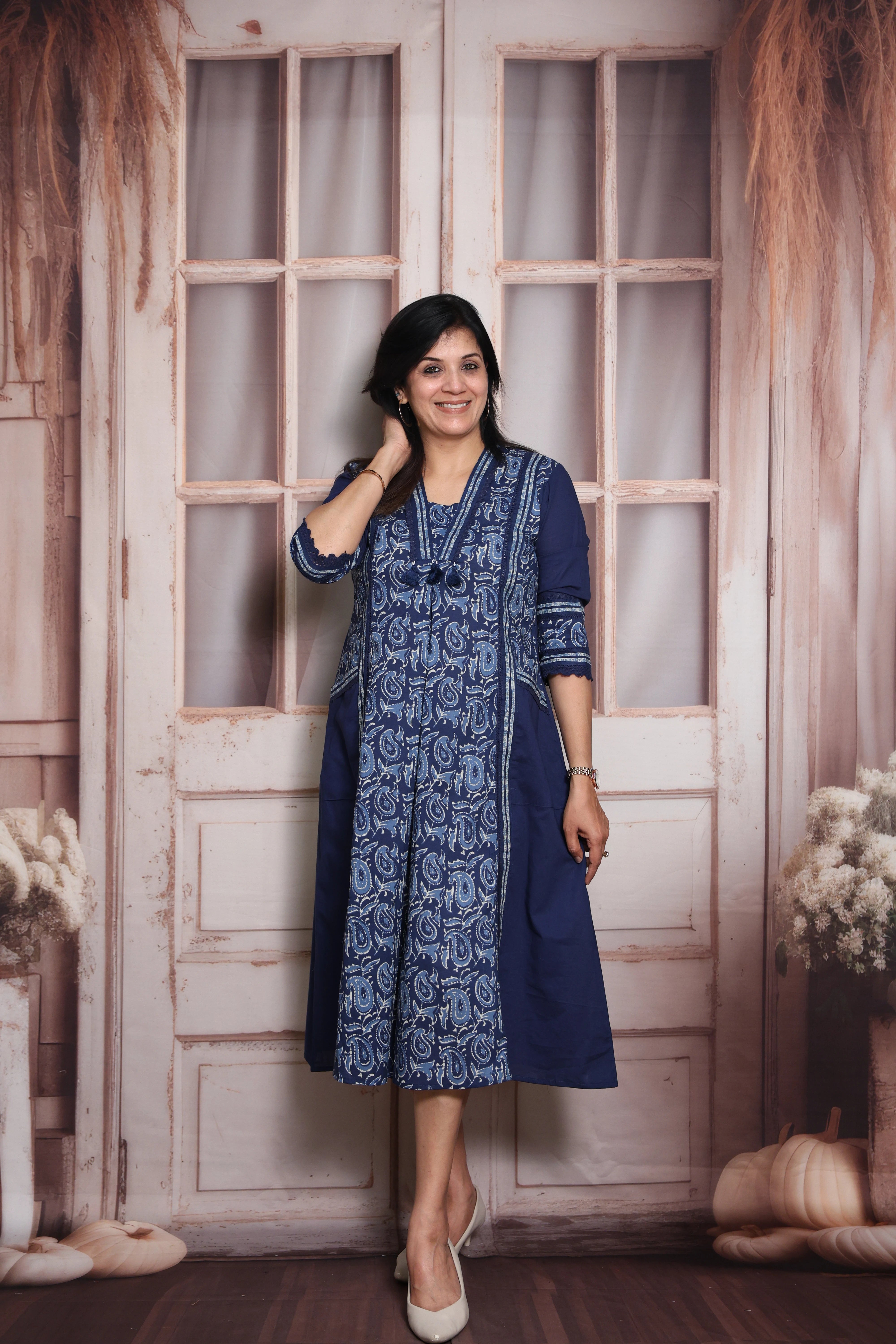 Blue Kalamkari Print A-Line Kurti Pant Set (Two-in-One) | Soft Cotton