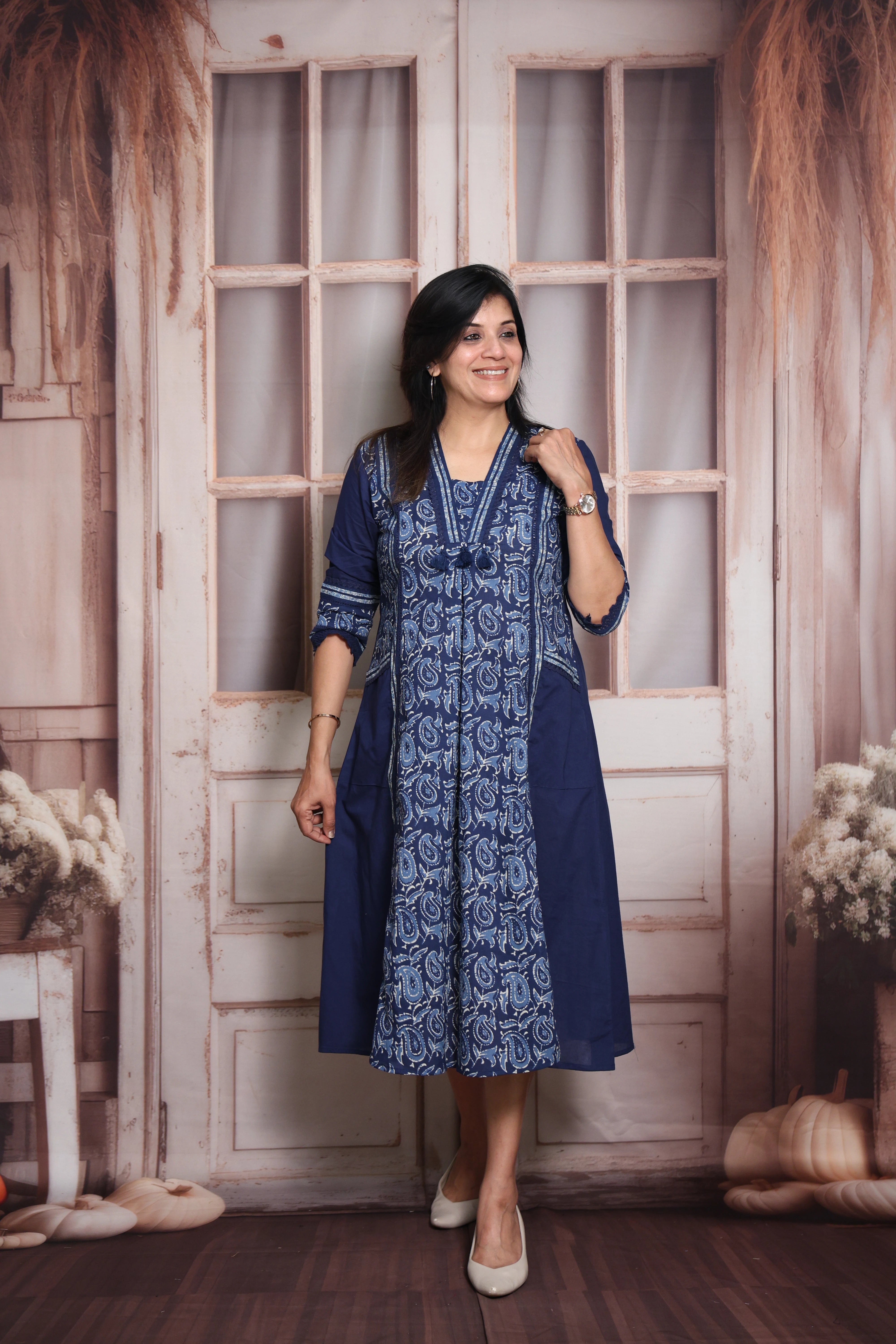 Blue Kalamkari Print A-Line Kurti Pant Set (Two-in-One) | Soft Cotton