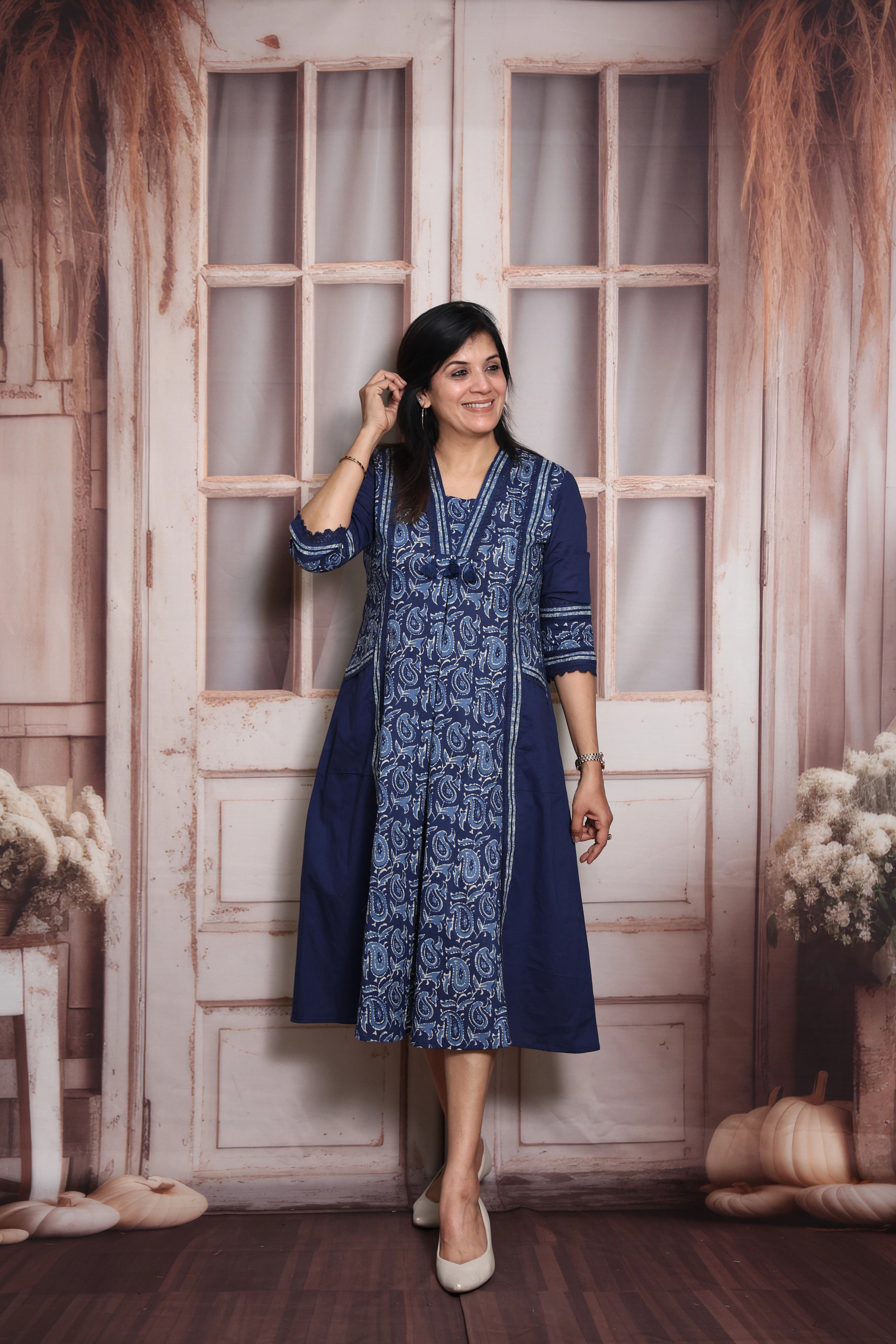 Blue Kalamkari Print A-Line Kurti Pant Set (Two-in-One) | Soft Cotton
