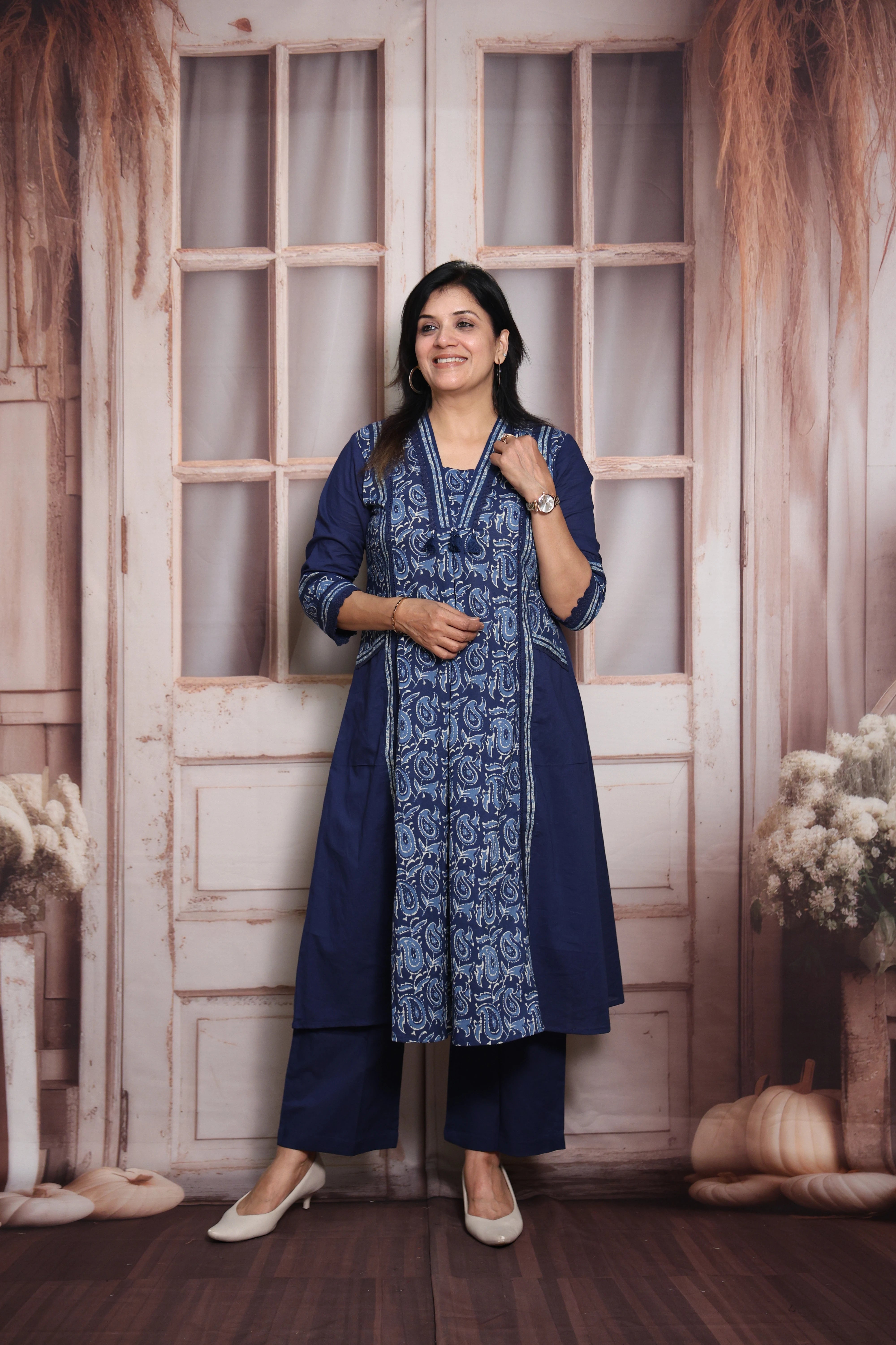 Blue Kalamkari Print A-Line Kurti Pant Set (Two-in-One) | Soft Cotton