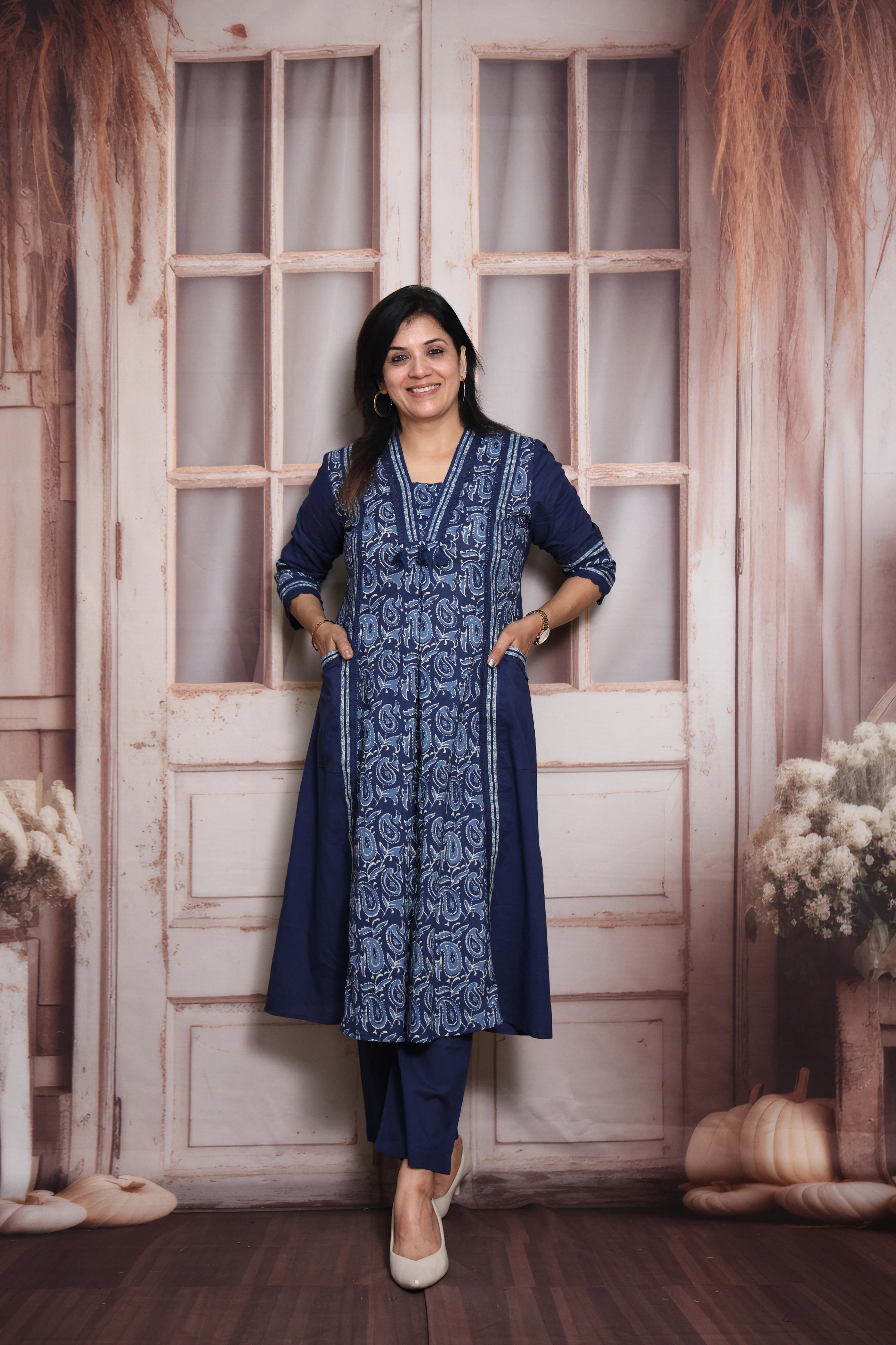 Blue Kalamkari Print A-Line Kurti Pant Set (Two-in-One) | Soft Cotton