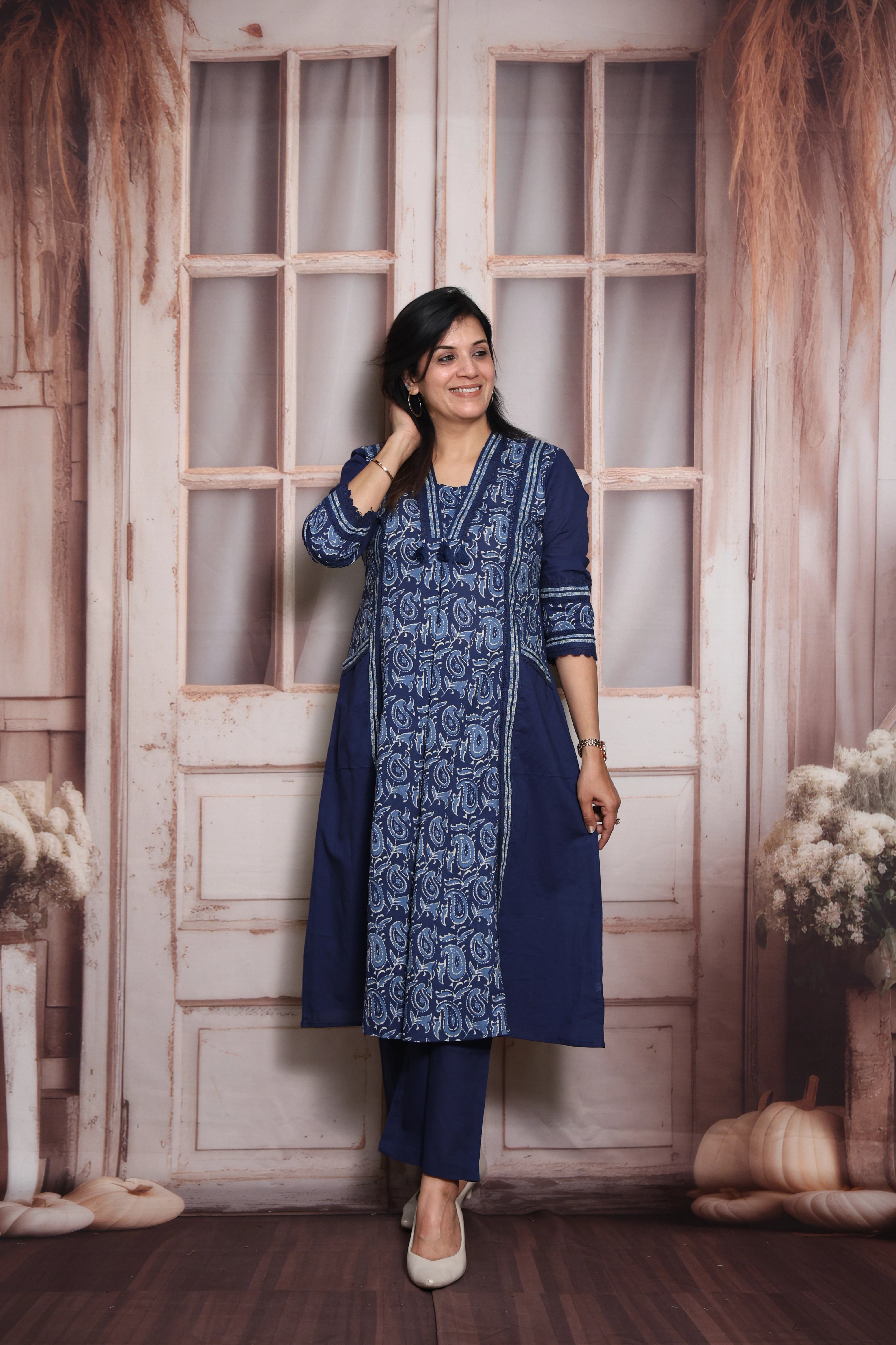 Blue Kalamkari Print A-Line Kurti Pant Set (Two-in-One) | Soft Cotton