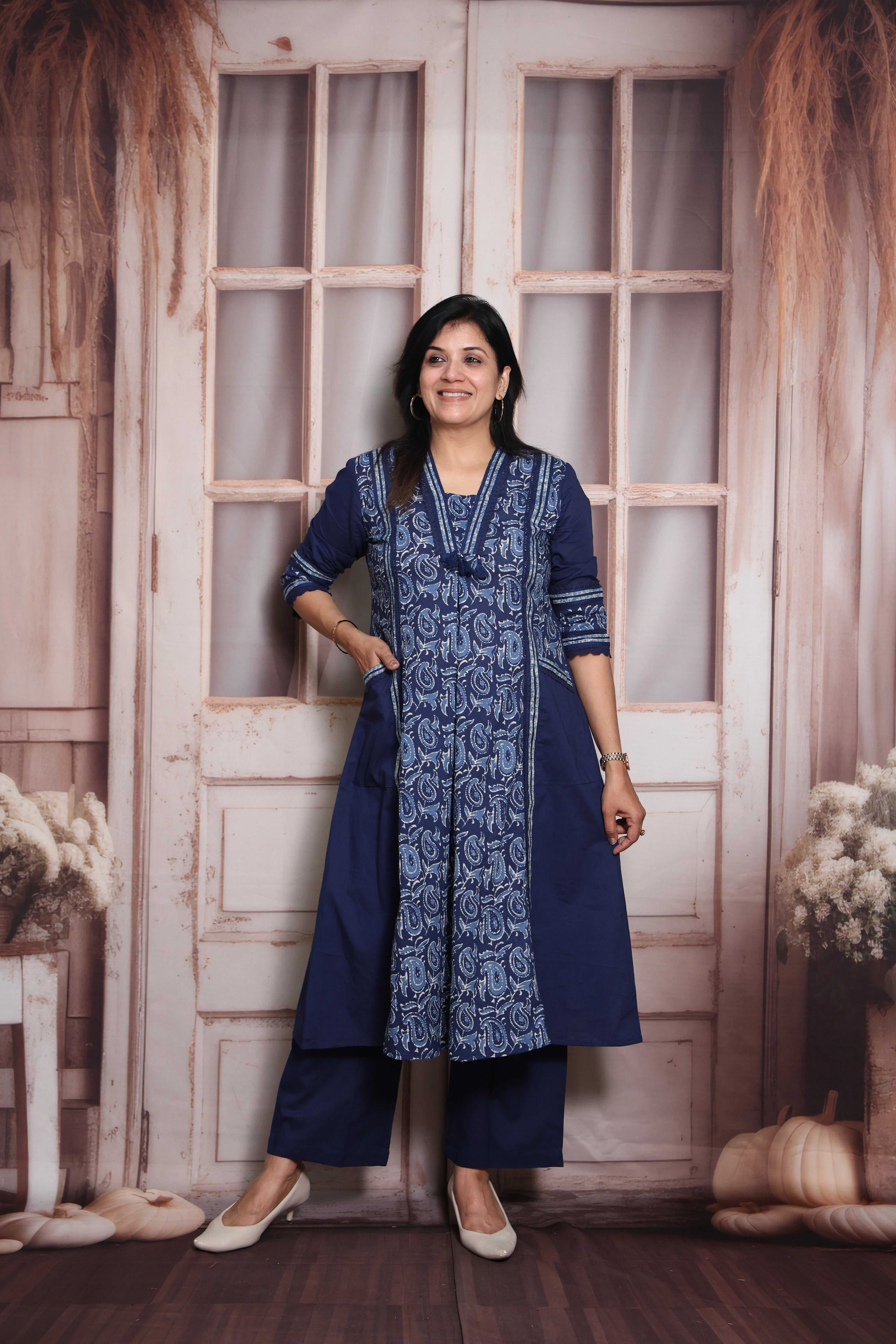 Blue Kalamkari Print A-Line Kurti Pant Set (Two-in-One) | Soft Cotton