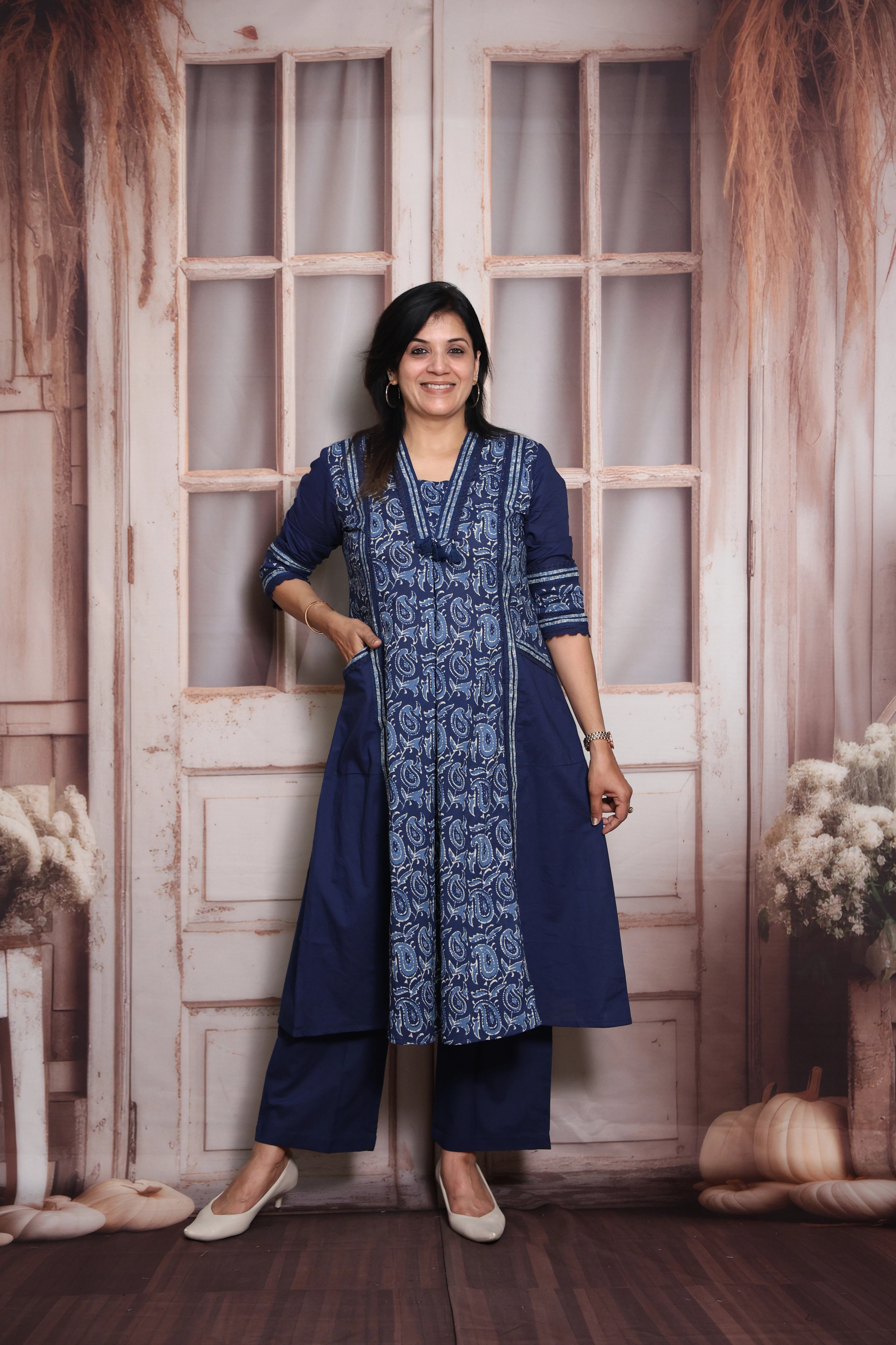 Blue Kalamkari Print A-Line Kurti Pant Set (Two-in-One) | Soft Cotton