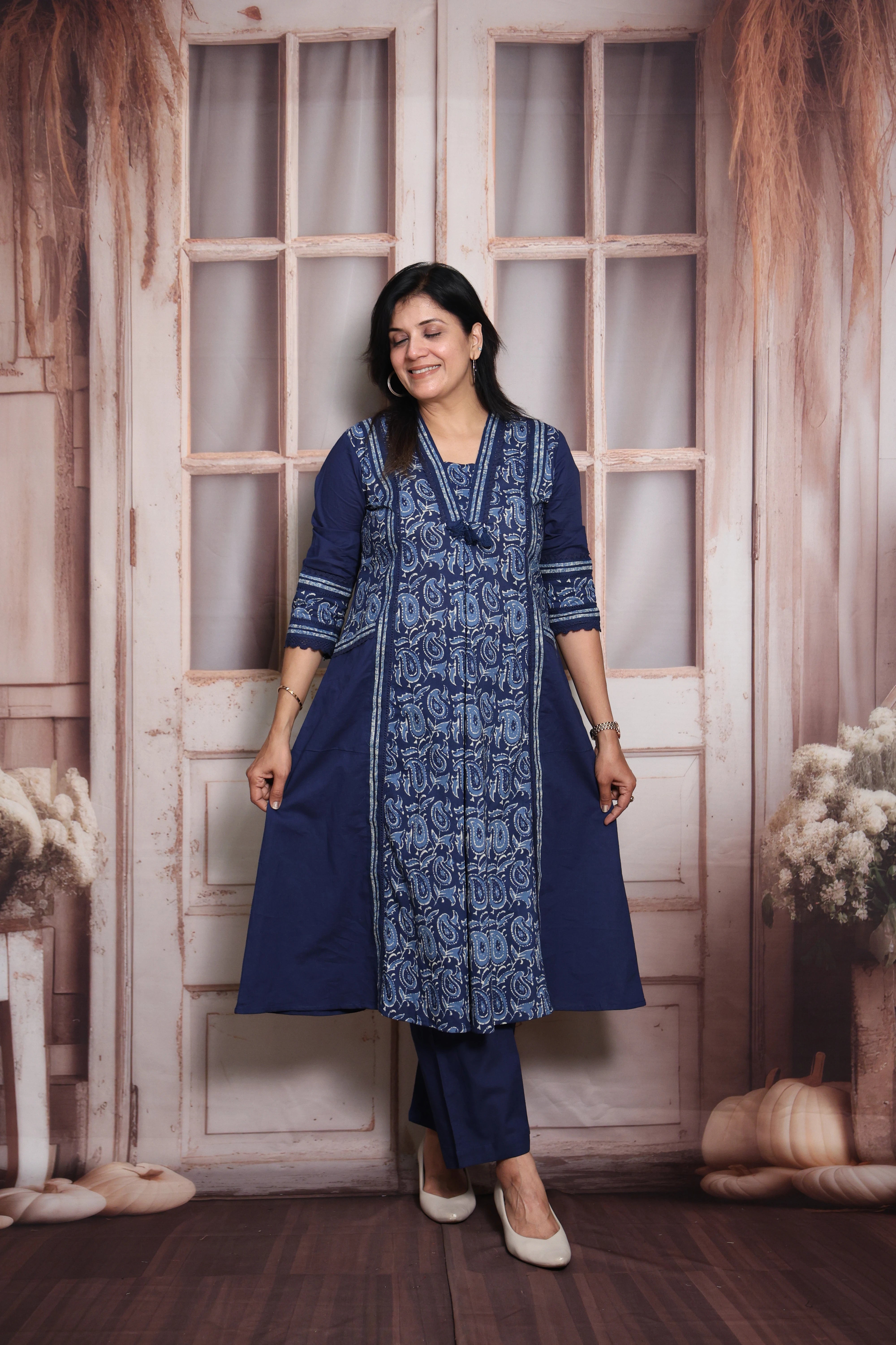 Blue Kalamkari Print A-Line Kurti Pant Set (Two-in-One) | Soft Cotton