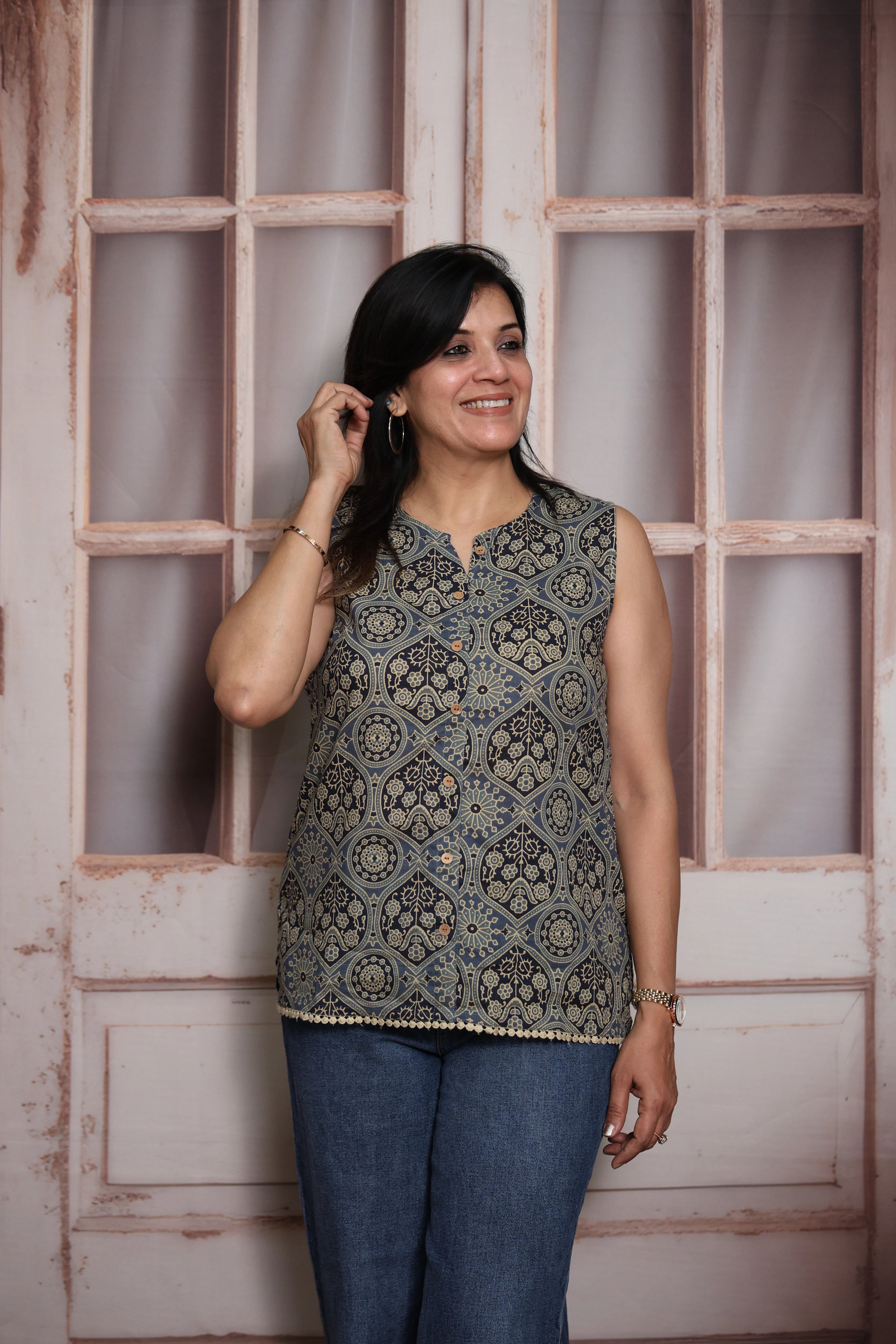 Ajrakh Printed Sleeveless Short Top | Soft Cotton | Traditional Ajrakh Print