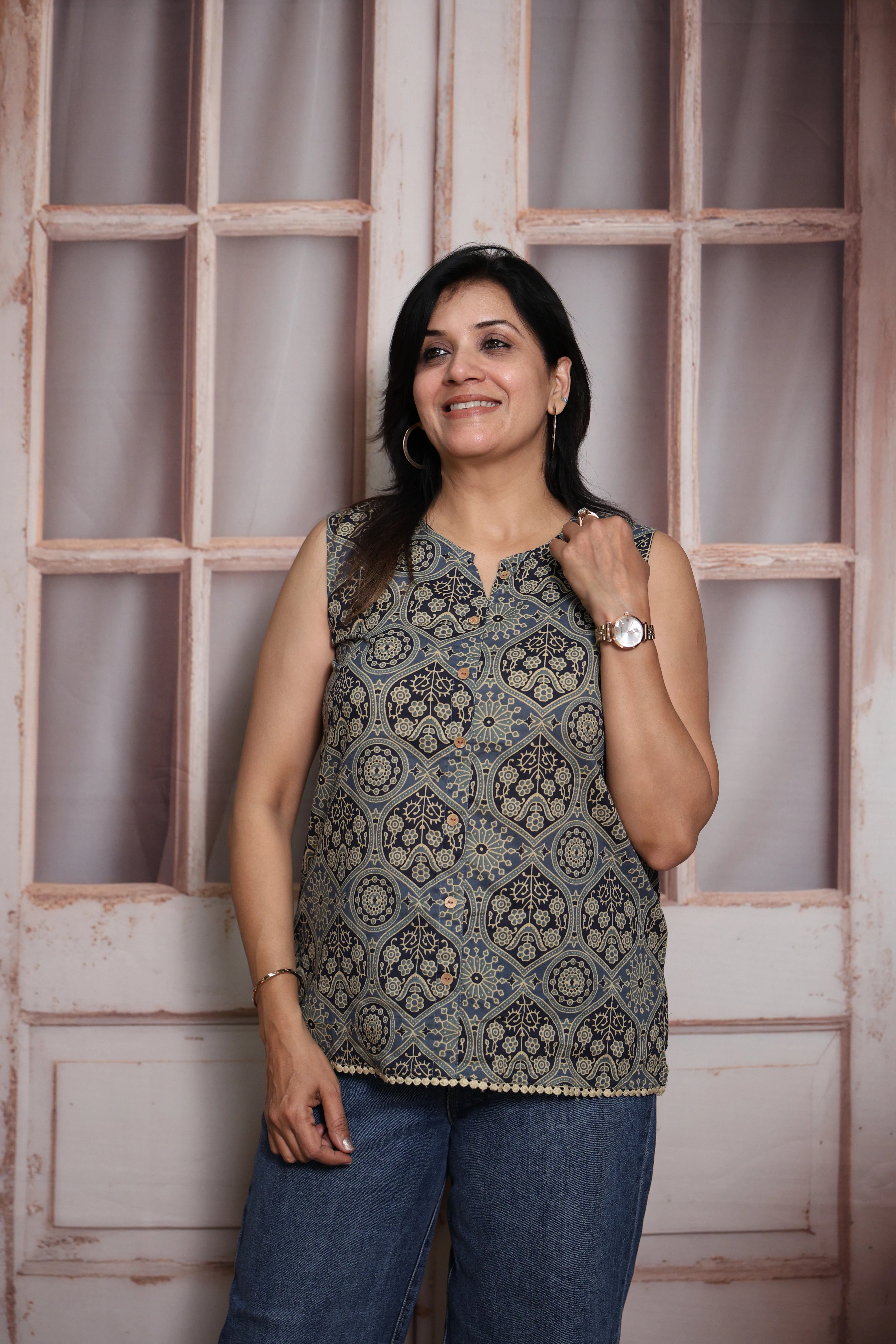 Ajrakh Printed Sleeveless Short Top | Soft Cotton | Traditional Ajrakh Print