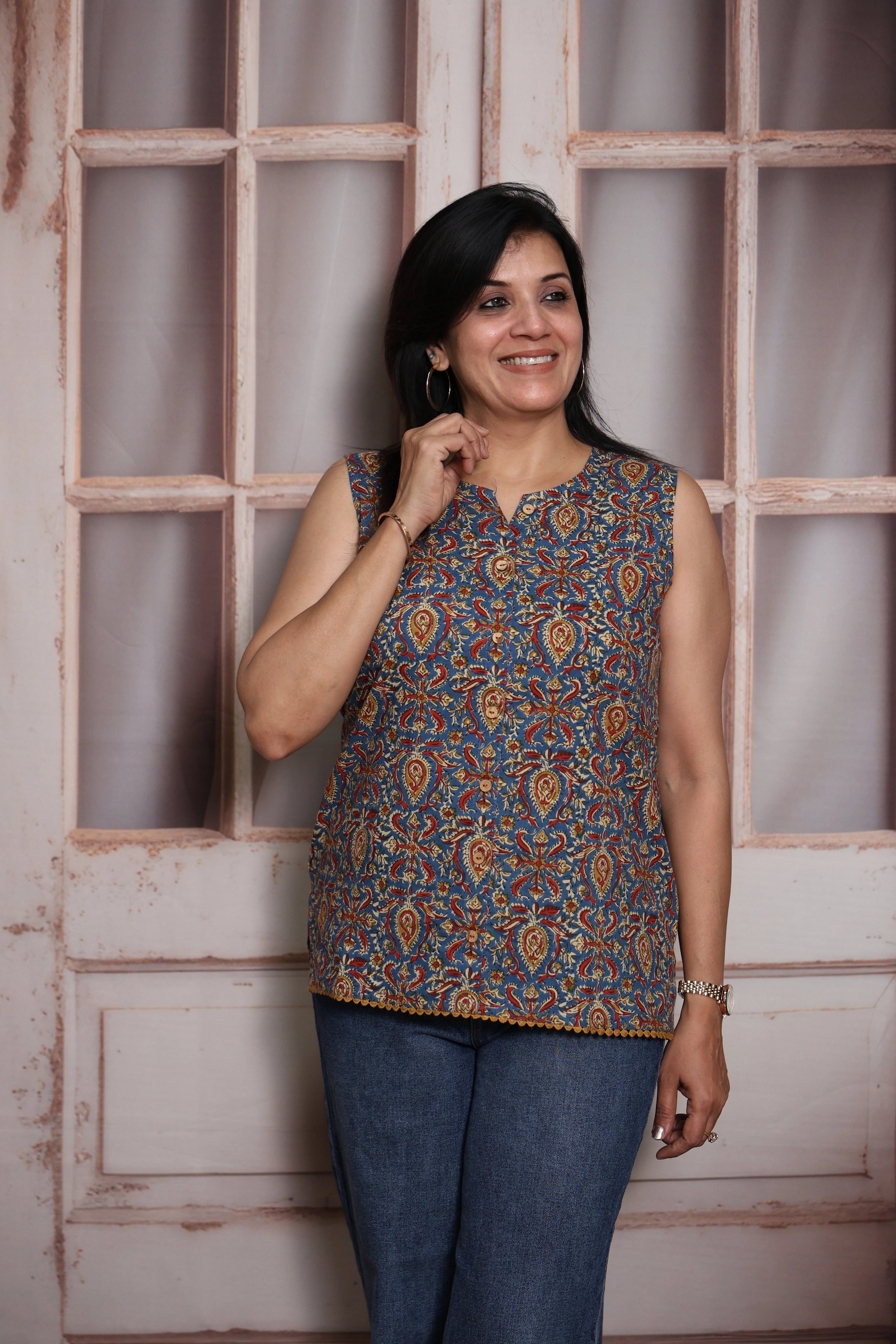 Kalamkari Printed Sleeveless Short Top | Soft Cotton | Traditional Kalamkari Print