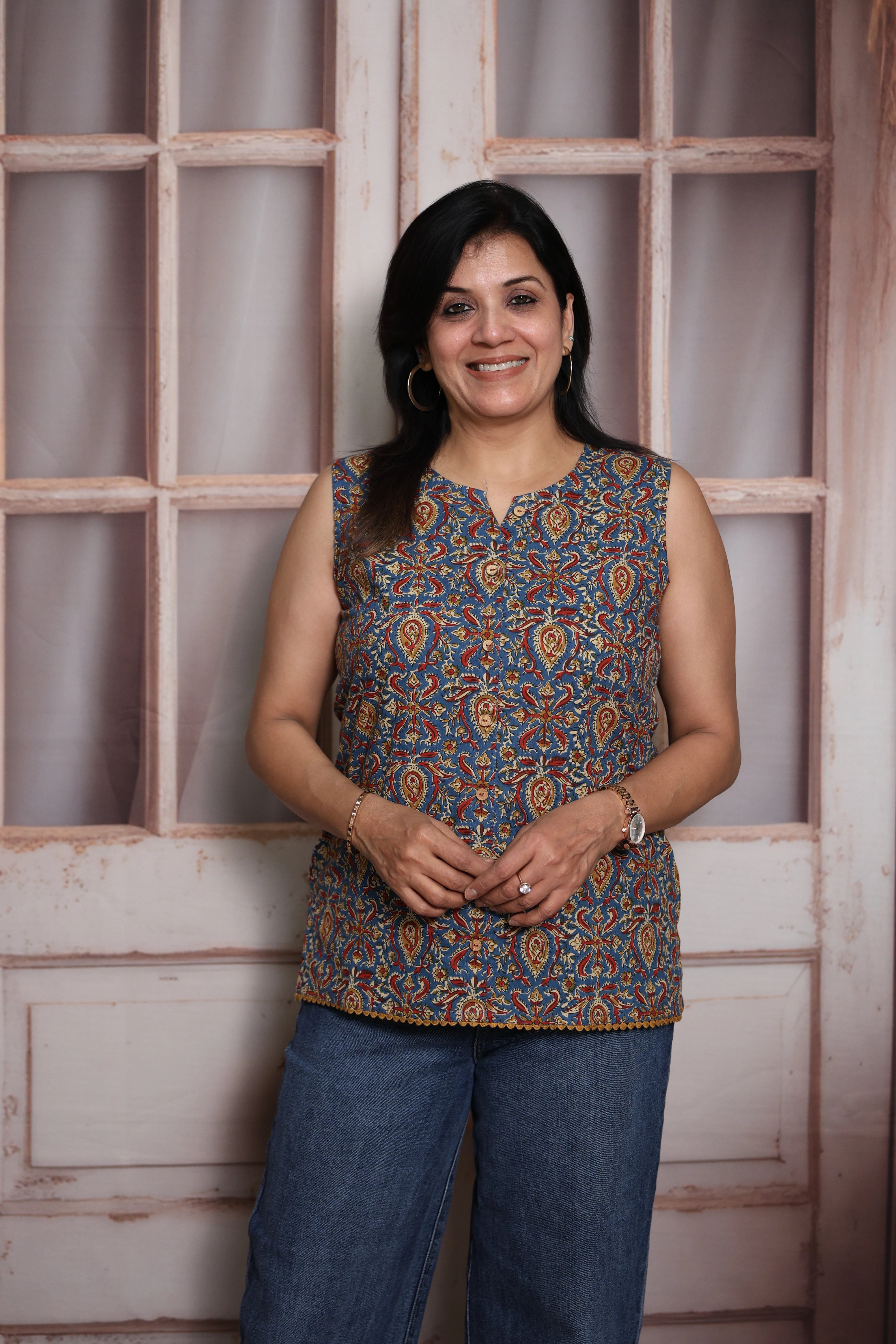 Kalamkari Printed Sleeveless Short Top | Soft Cotton | Traditional Kalamkari Print