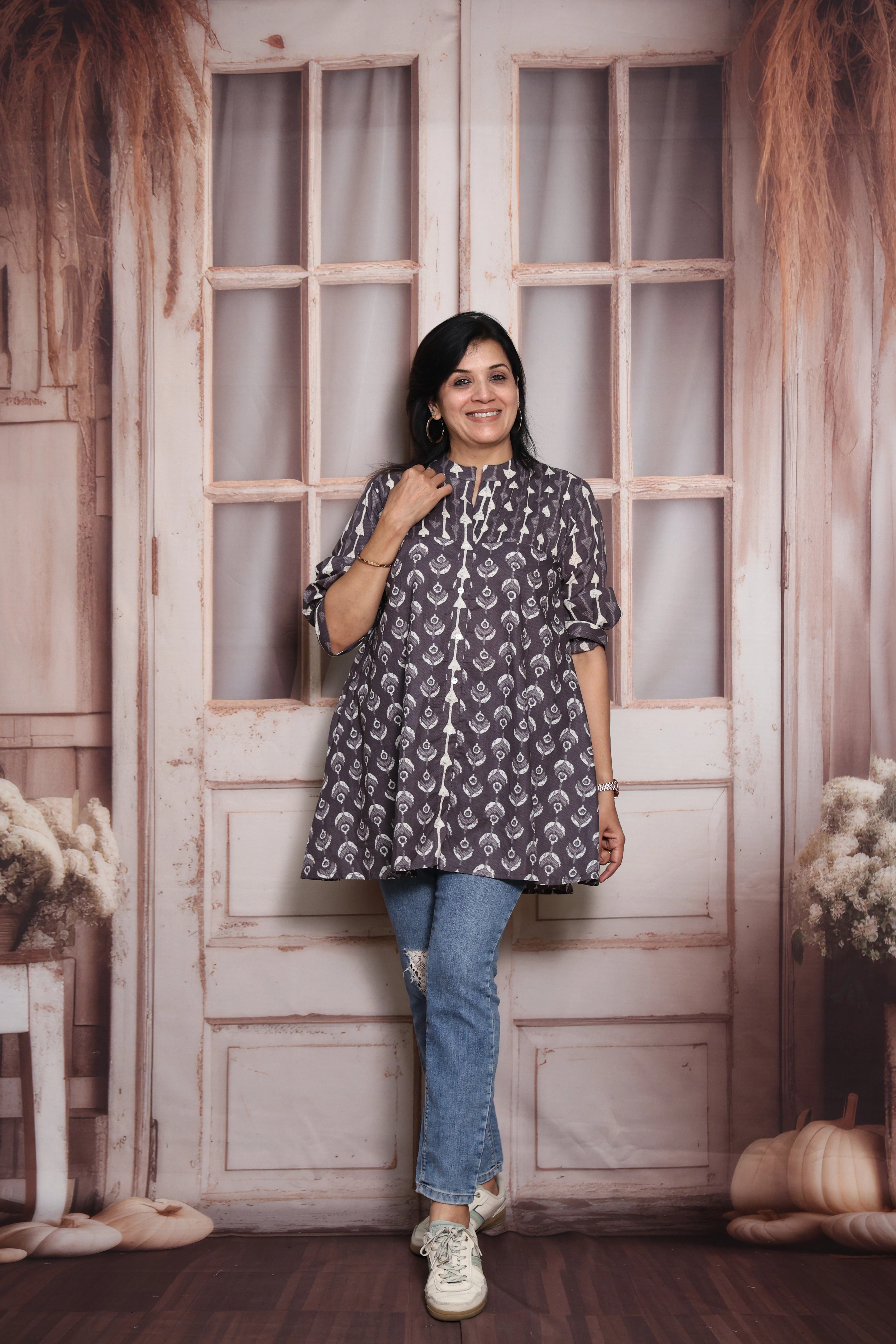 Payne's Gray Printed Short Top | Soft Cotton | Pintex & Block Print