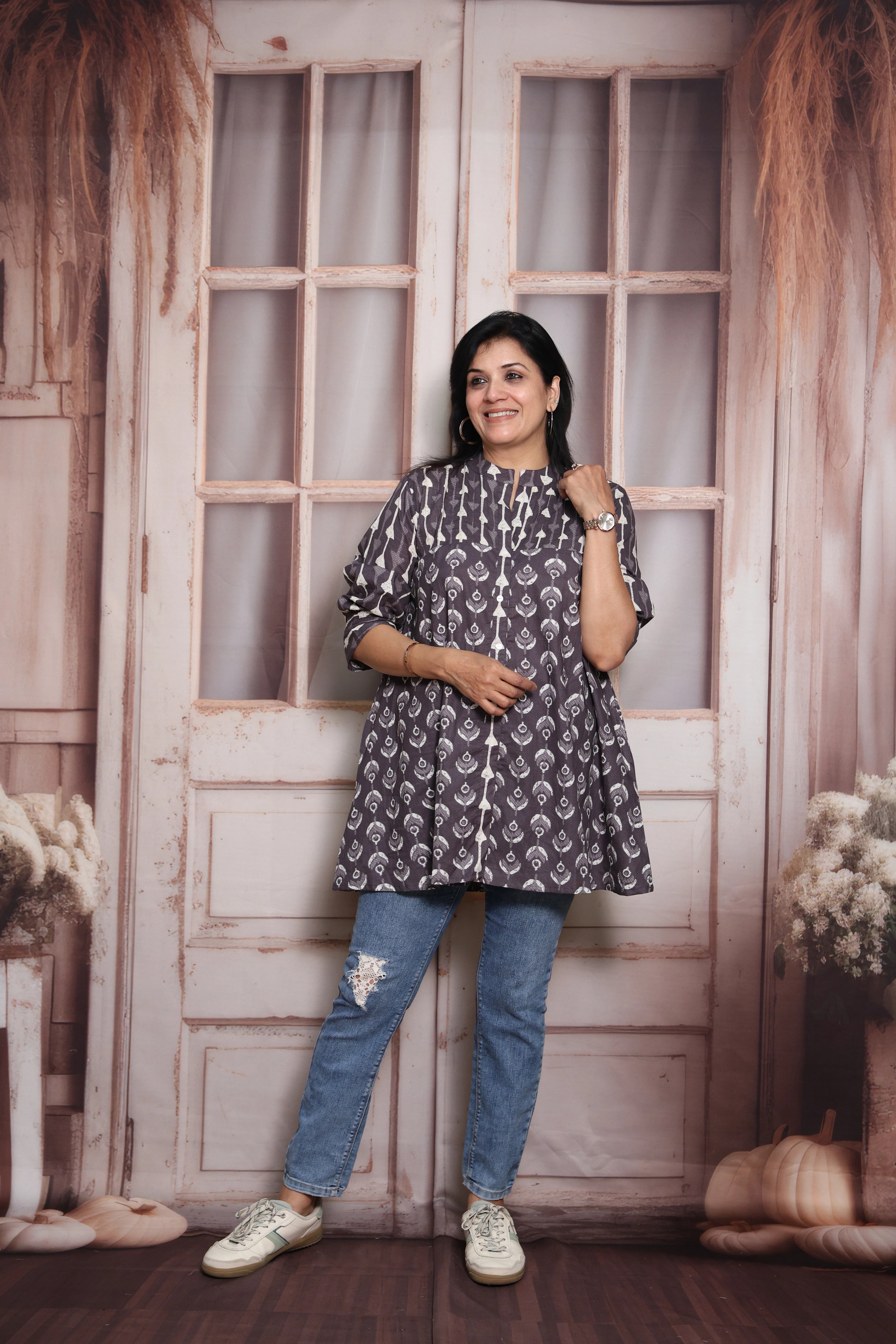Payne's Gray Printed Short Top | Soft Cotton | Pintex & Block Print