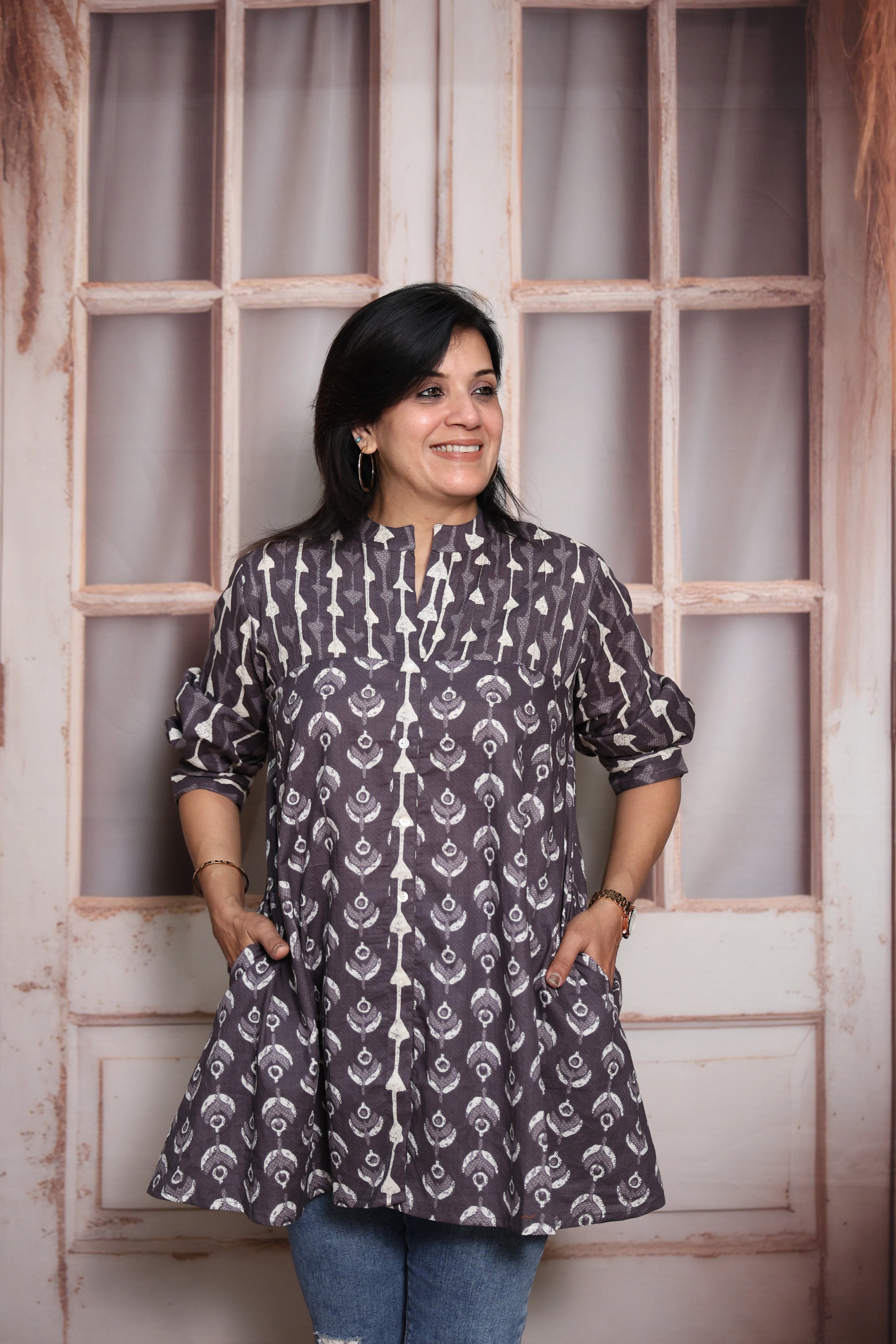 Payne's Gray Printed Short Top | Soft Cotton | Pintex & Block Print