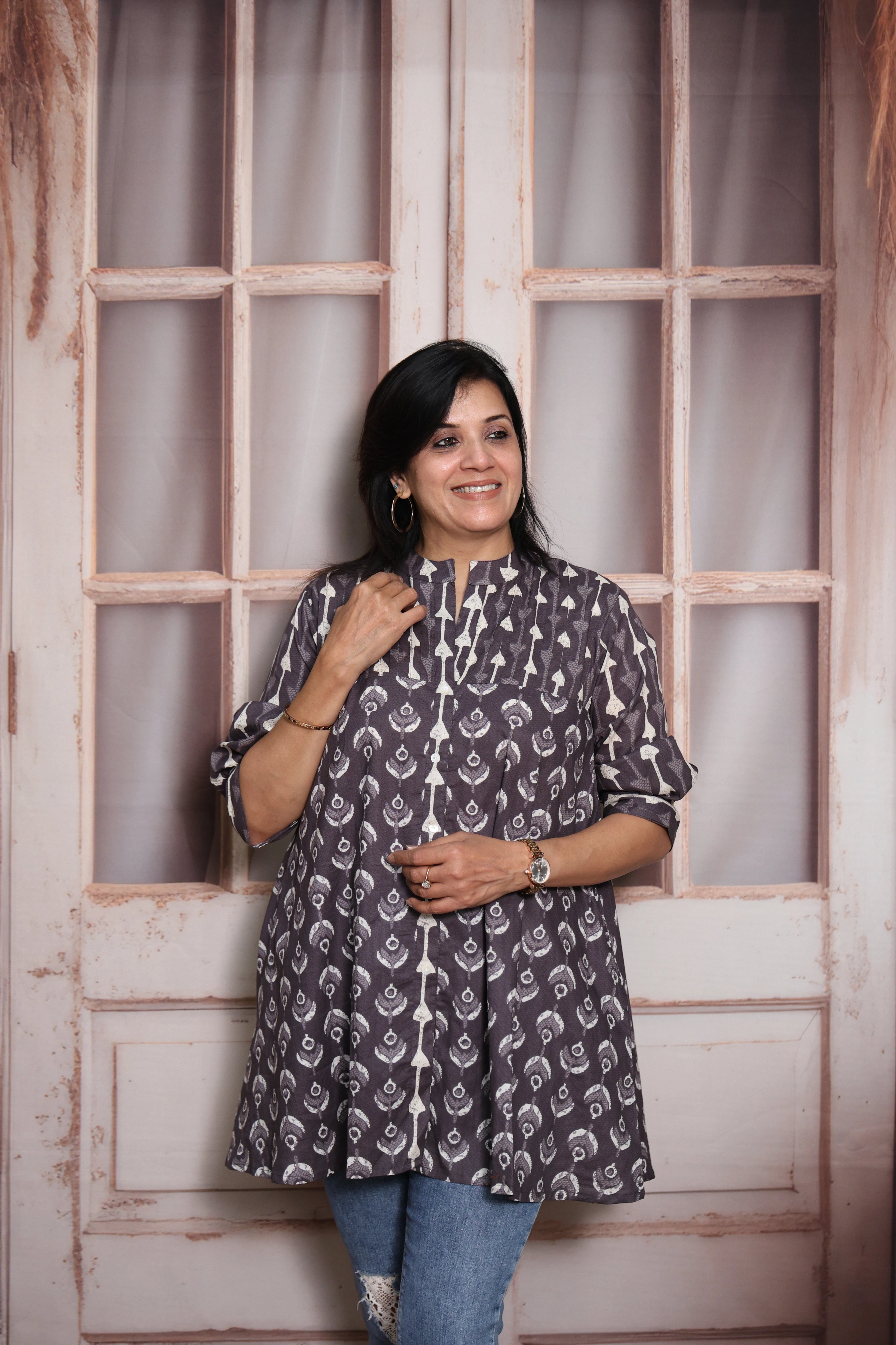 Payne's Gray Printed Short Top | Soft Cotton | Pintex & Block Print