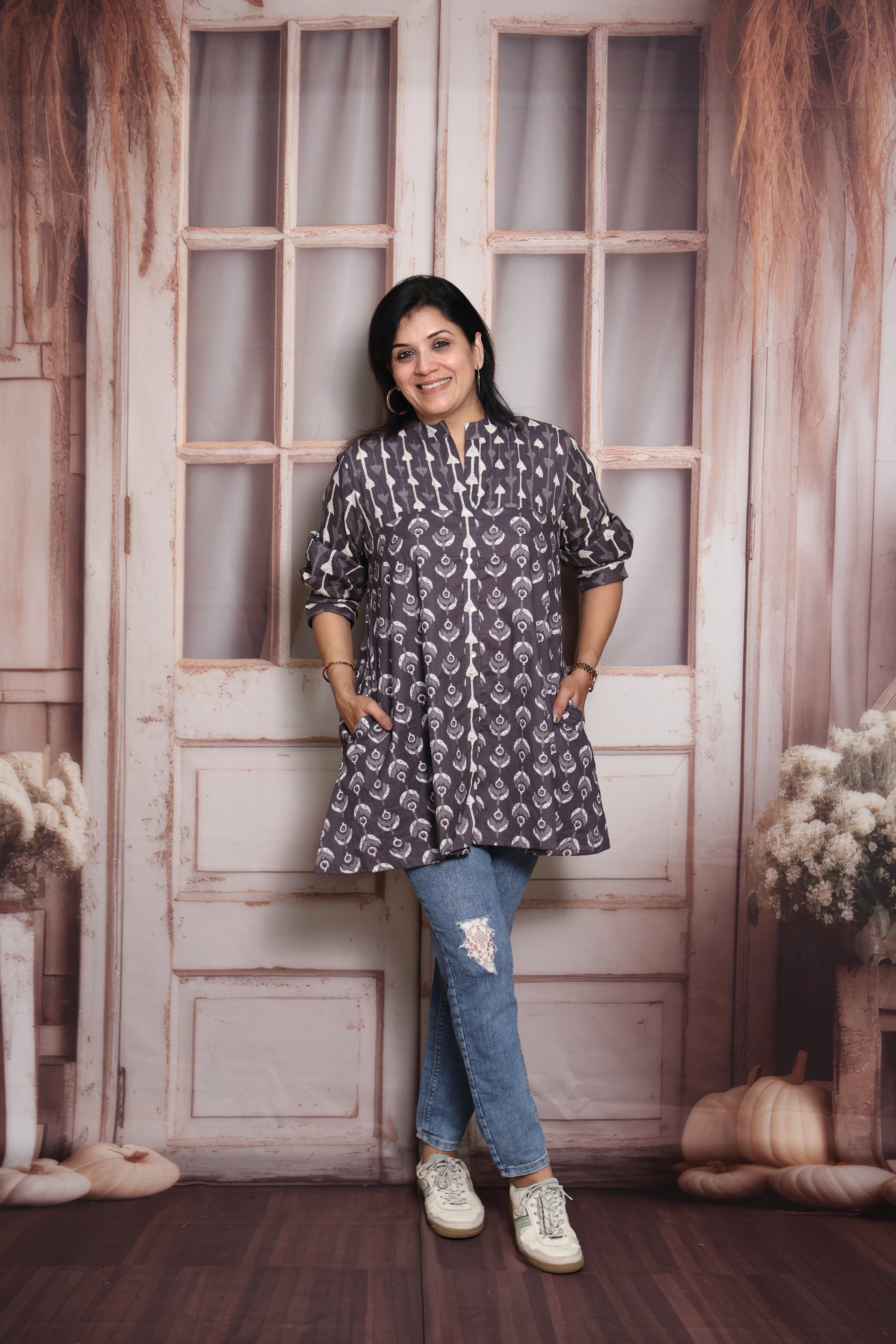 Payne's Gray Printed Short Top | Soft Cotton | Pintex & Block Print