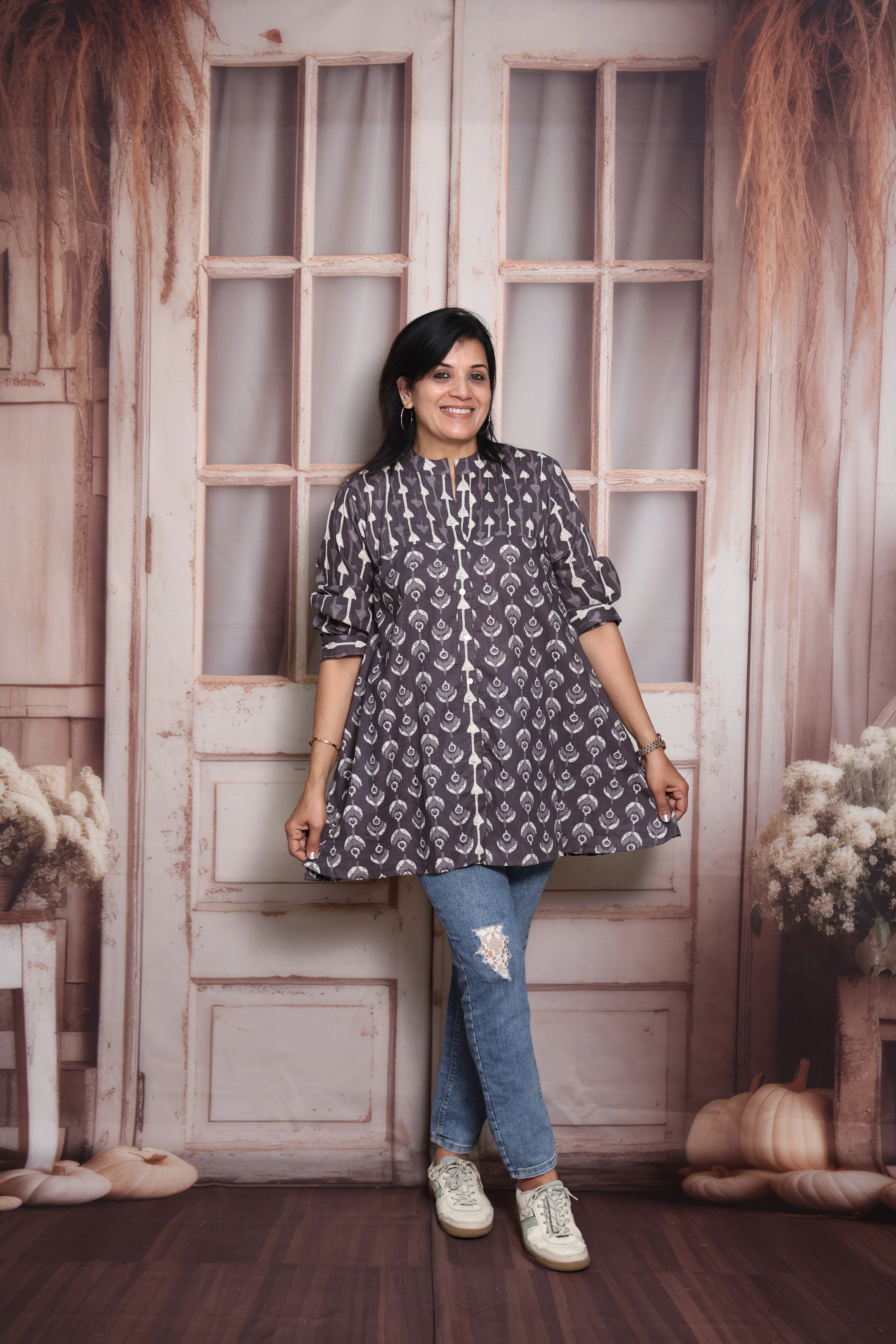Payne's Gray Printed Short Top | Soft Cotton | Pintex & Block Print