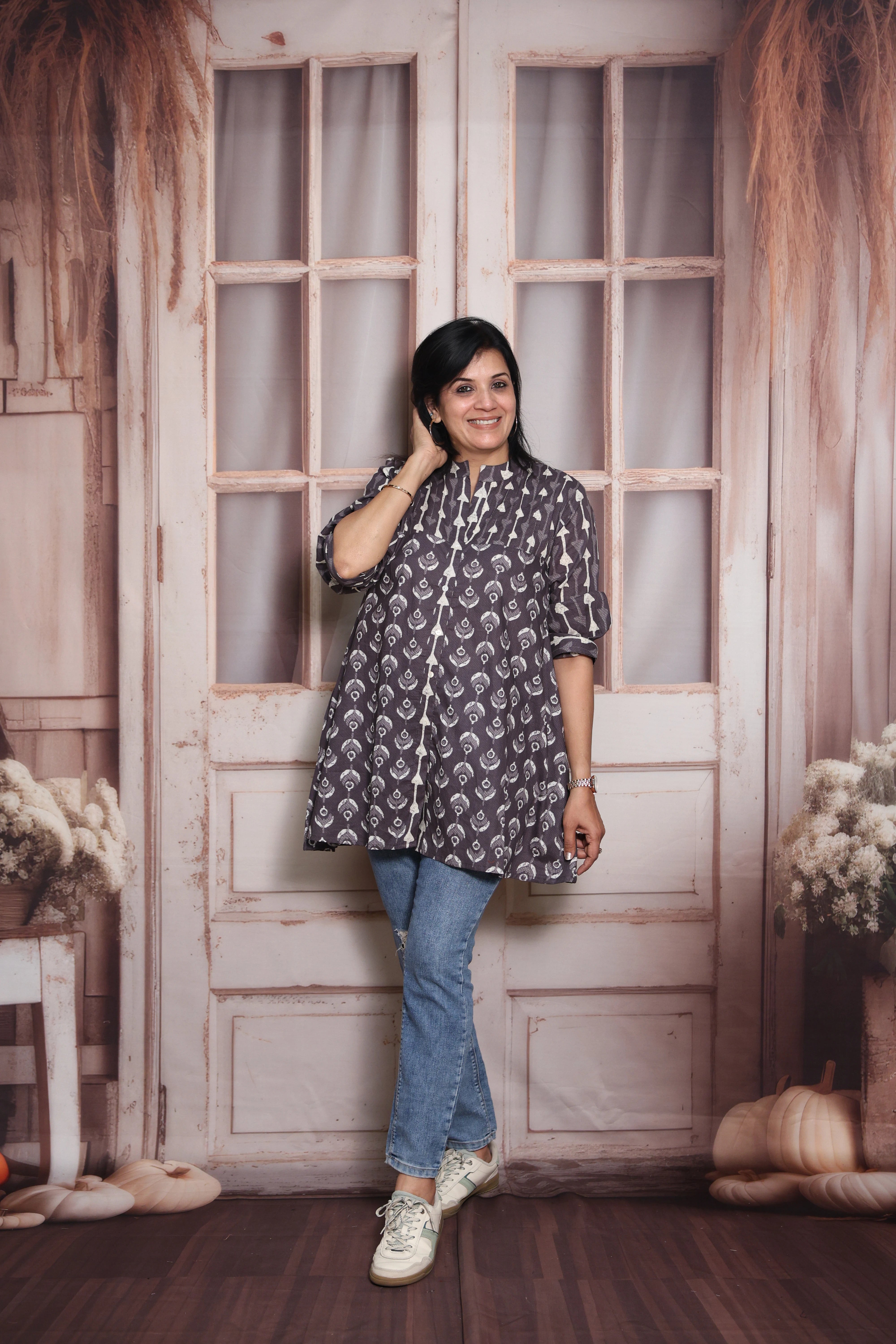 Payne's Gray Printed Short Top | Soft Cotton | Pintex & Block Print