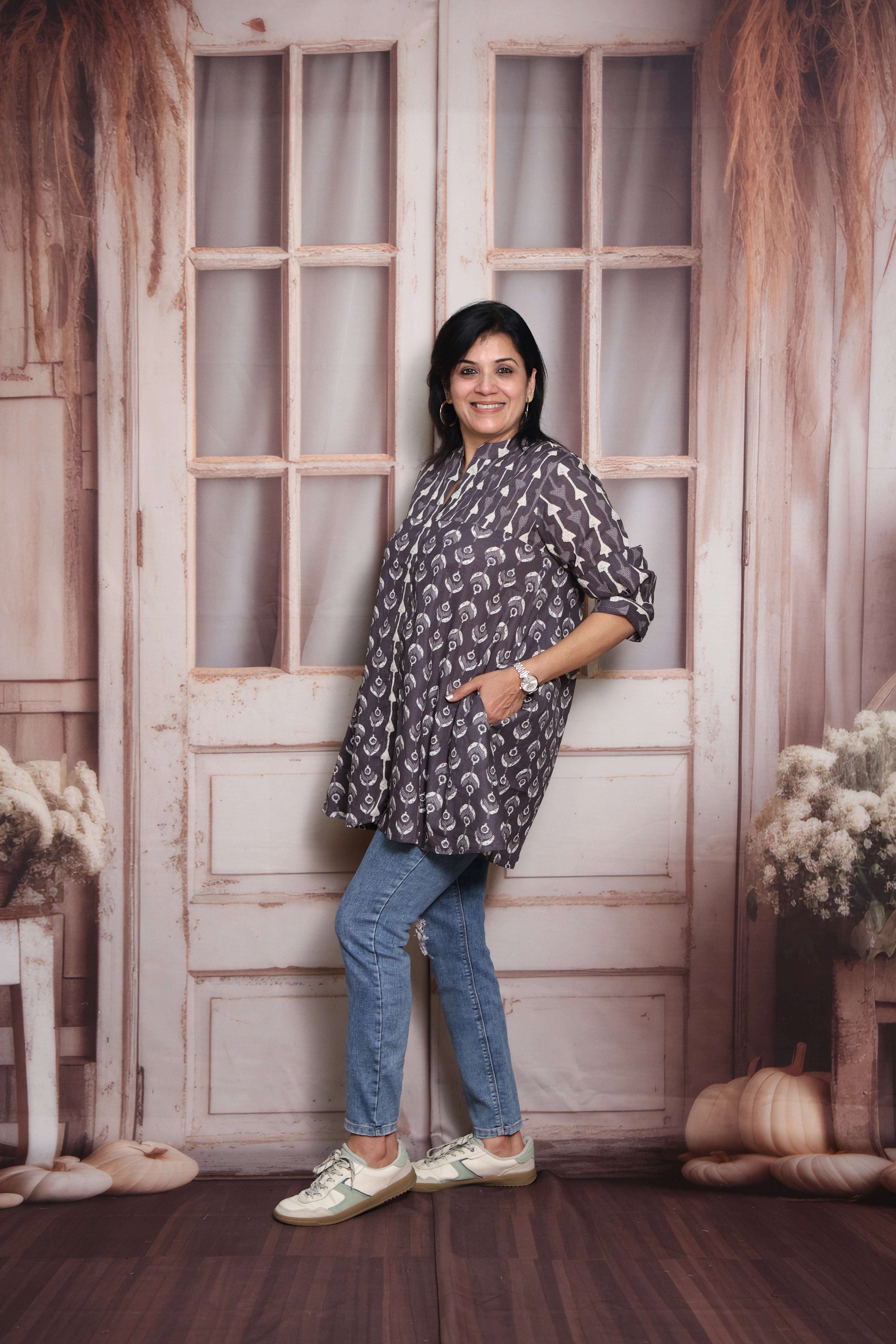 Payne's Gray Printed Short Top | Soft Cotton | Pintex & Block Print