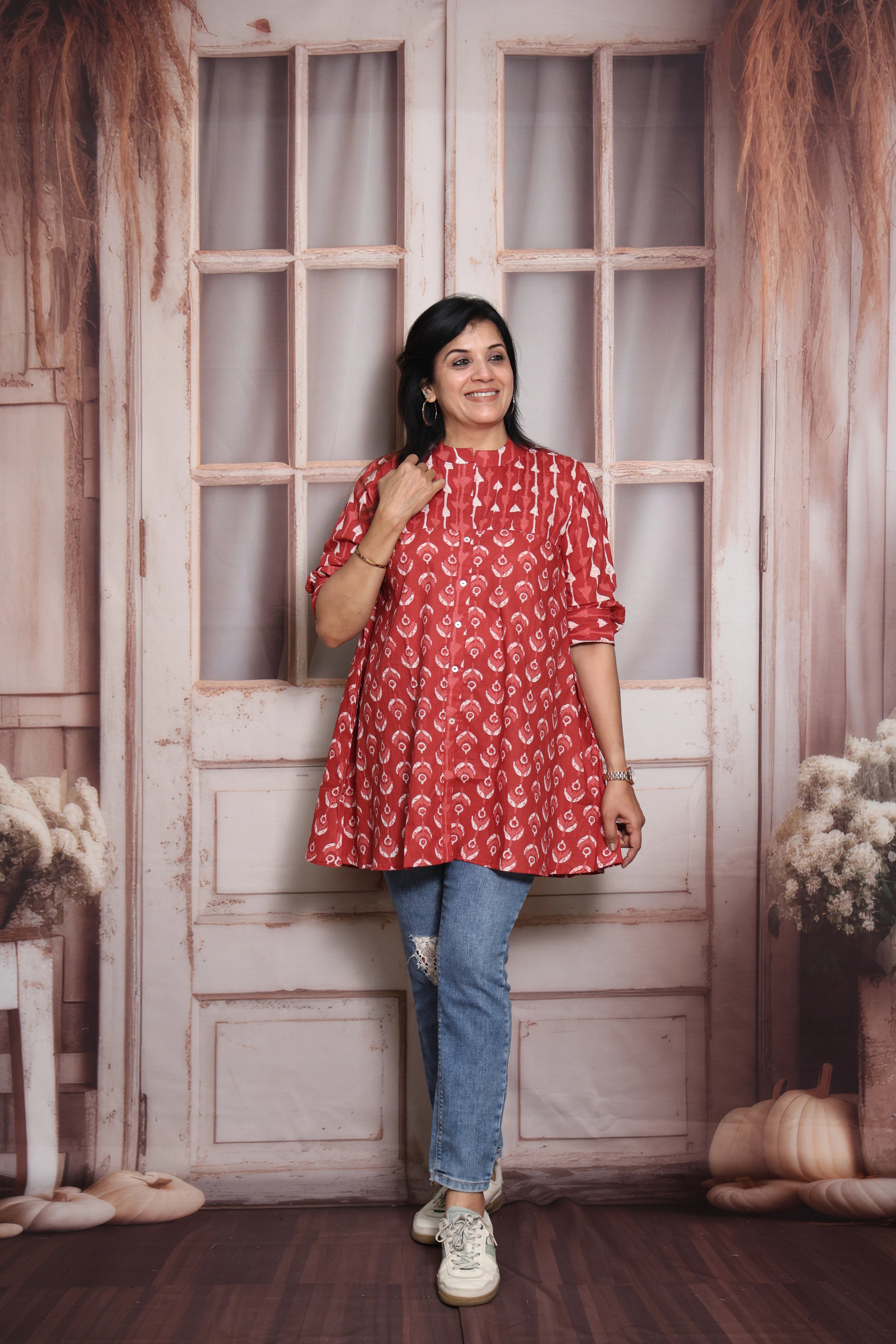 Dark Red Printed Short Top | Soft Cotton | Pintex & Block Print