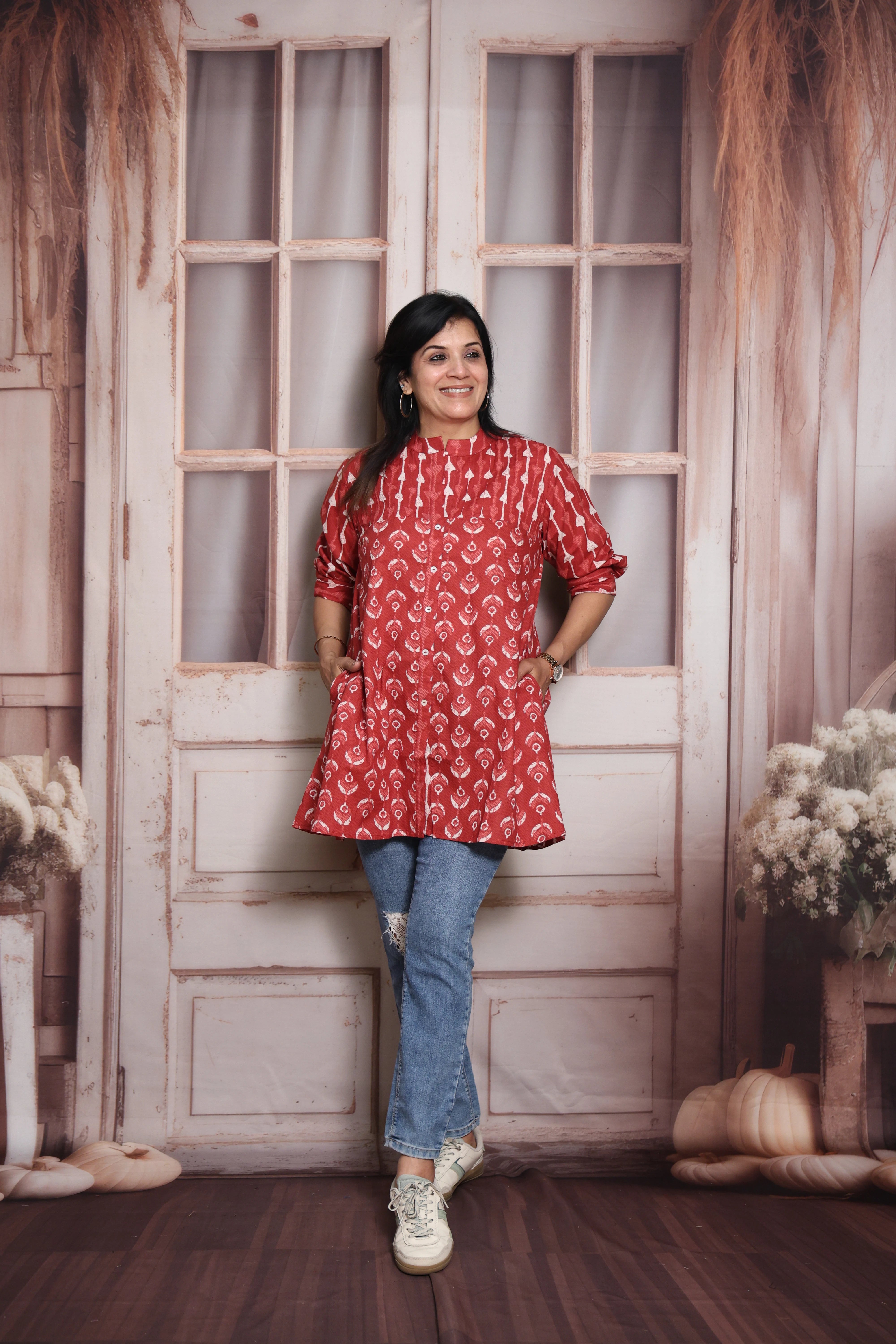 Dark Red Printed Short Top | Soft Cotton | Pintex & Block Print