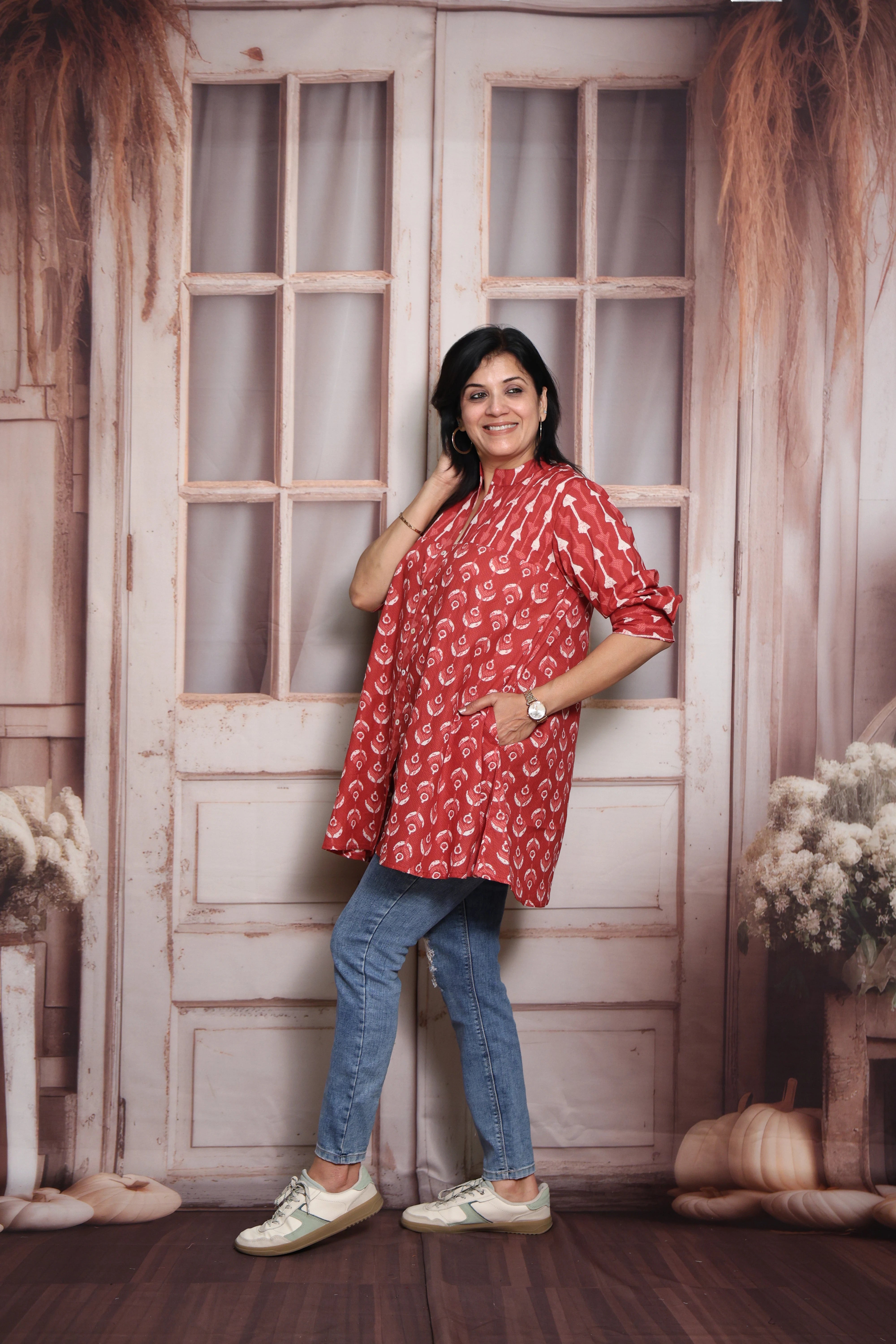 Dark Red Printed Short Top | Soft Cotton | Pintex & Block Print