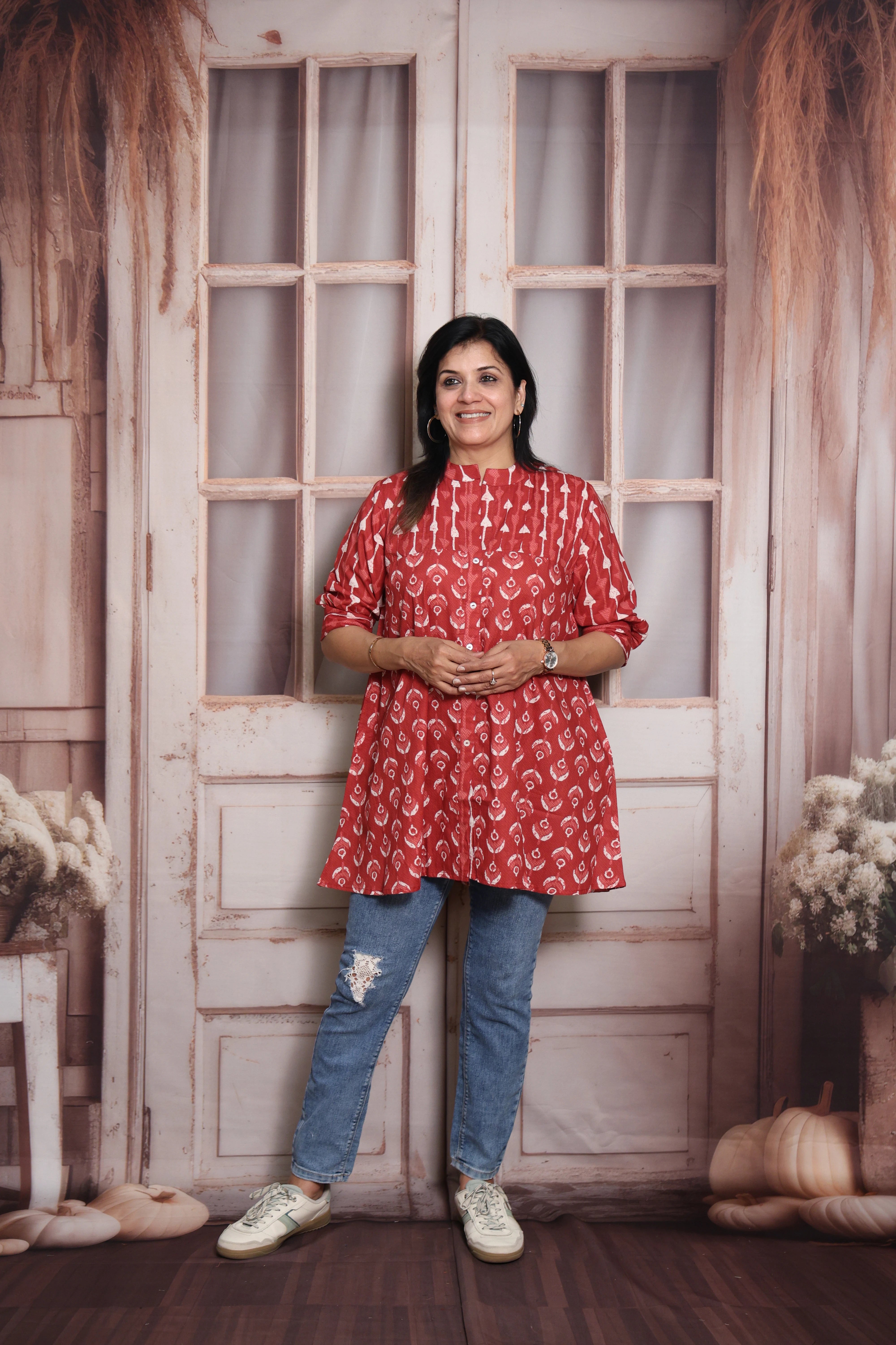 Dark Red Printed Short Top | Soft Cotton | Pintex & Block Print